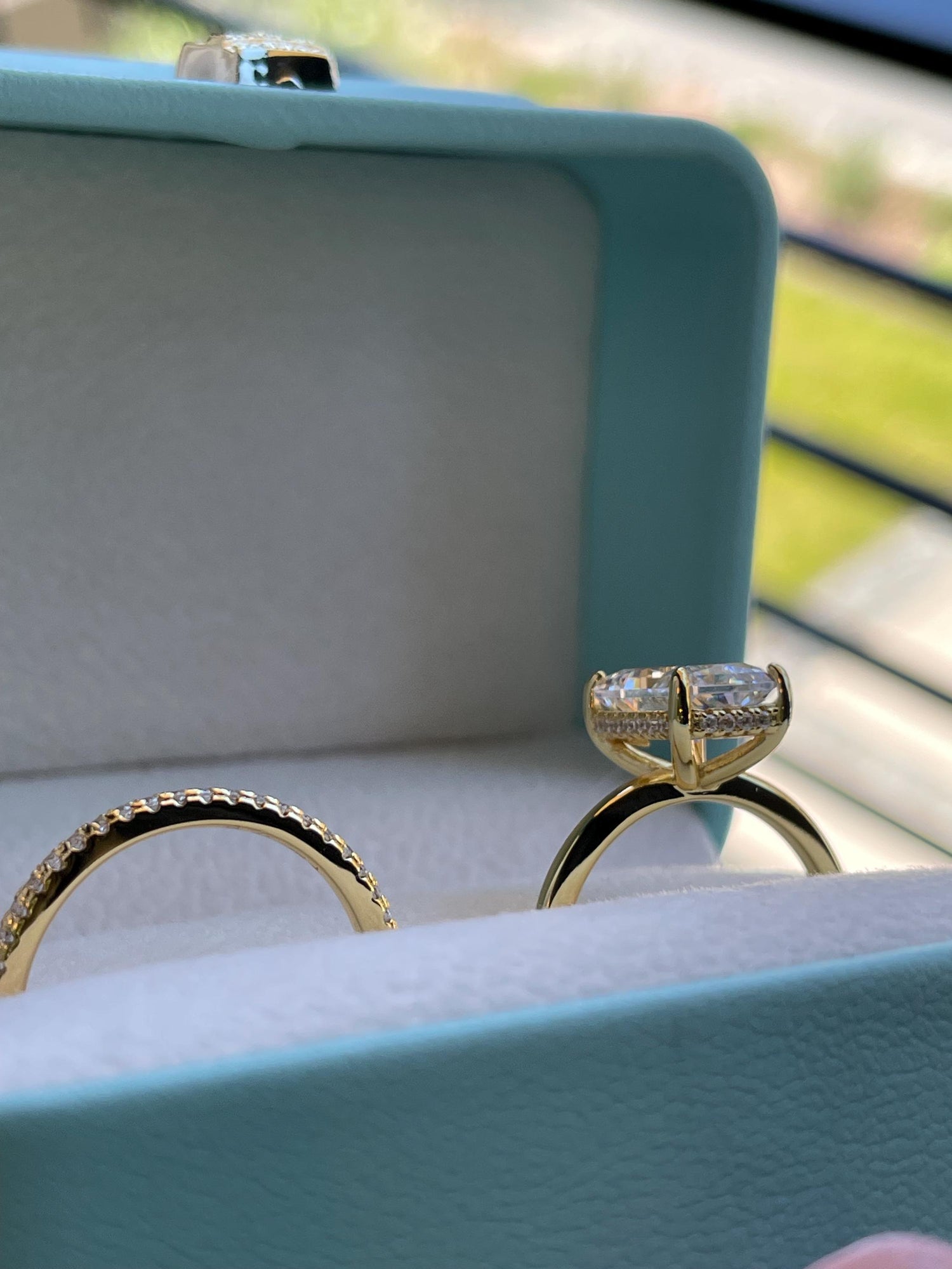 Sterling Silver 925 , gold vermeil Bridal Set with 3 carat Radiant Cut CZ engagement ring with hidden halo and full eternity band