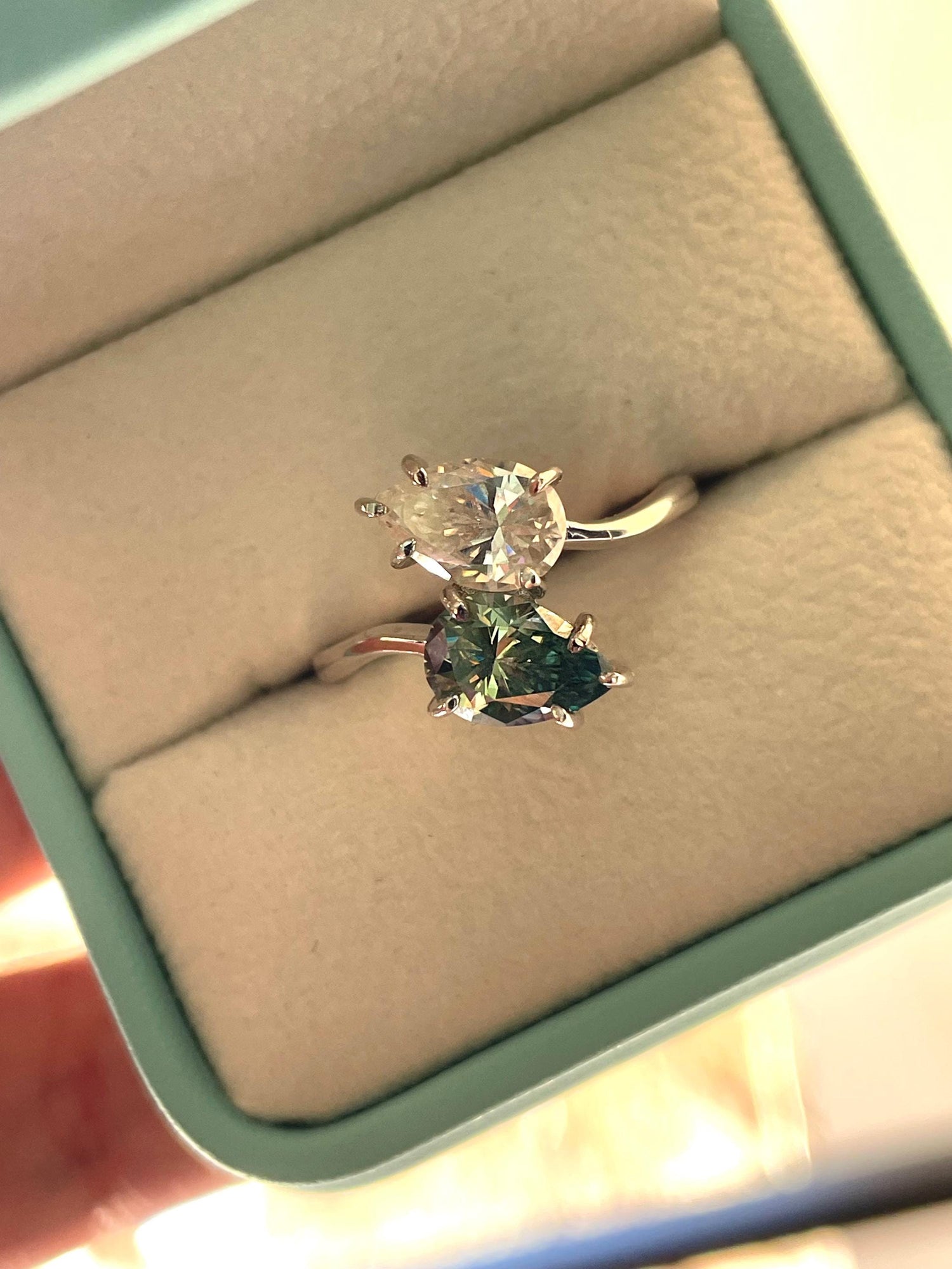 Moissanite Toi et Moi engagement ring. Sterling Silver 925 Toi et Moi with green and white pear cut moissanite, birthstone ring