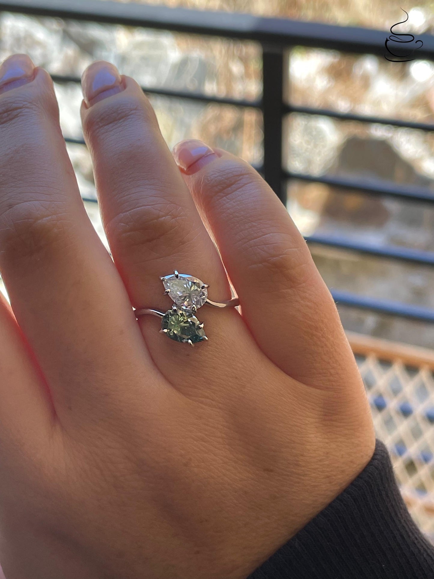 Moissanite Toi et Moi engagement ring. Sterling Silver 925 Toi et Moi with green and white pear cut moissanite, birthstone ring