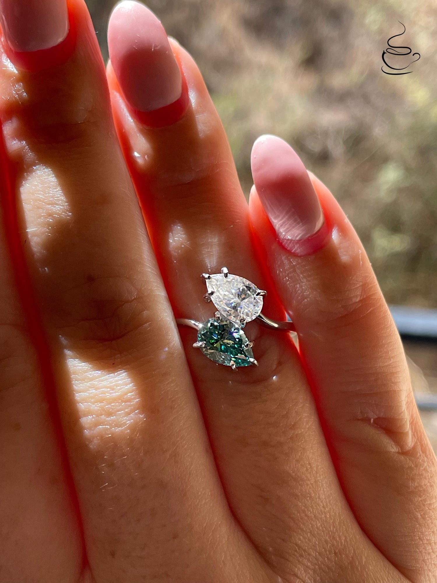 Moissanite Toi et Moi engagement ring. Sterling Silver 925 Toi et Moi with green and white pear cut moissanite, birthstone ring