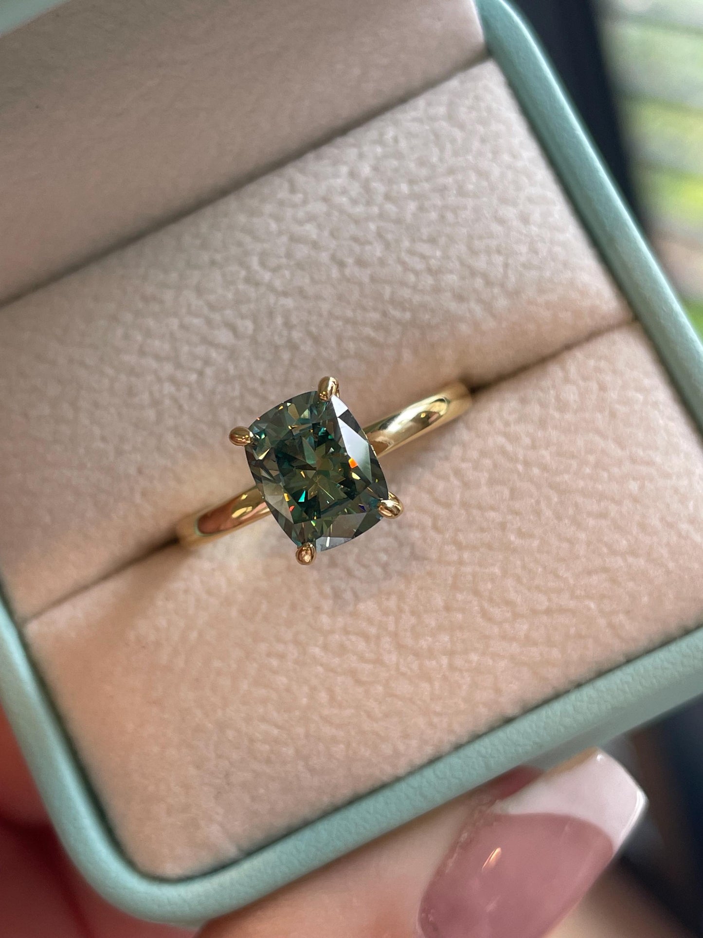3 carat cushion cut green moissanite engagement ring. Sterling silver 925, gold vermeil green moissanite ring. May birthstone ring.
