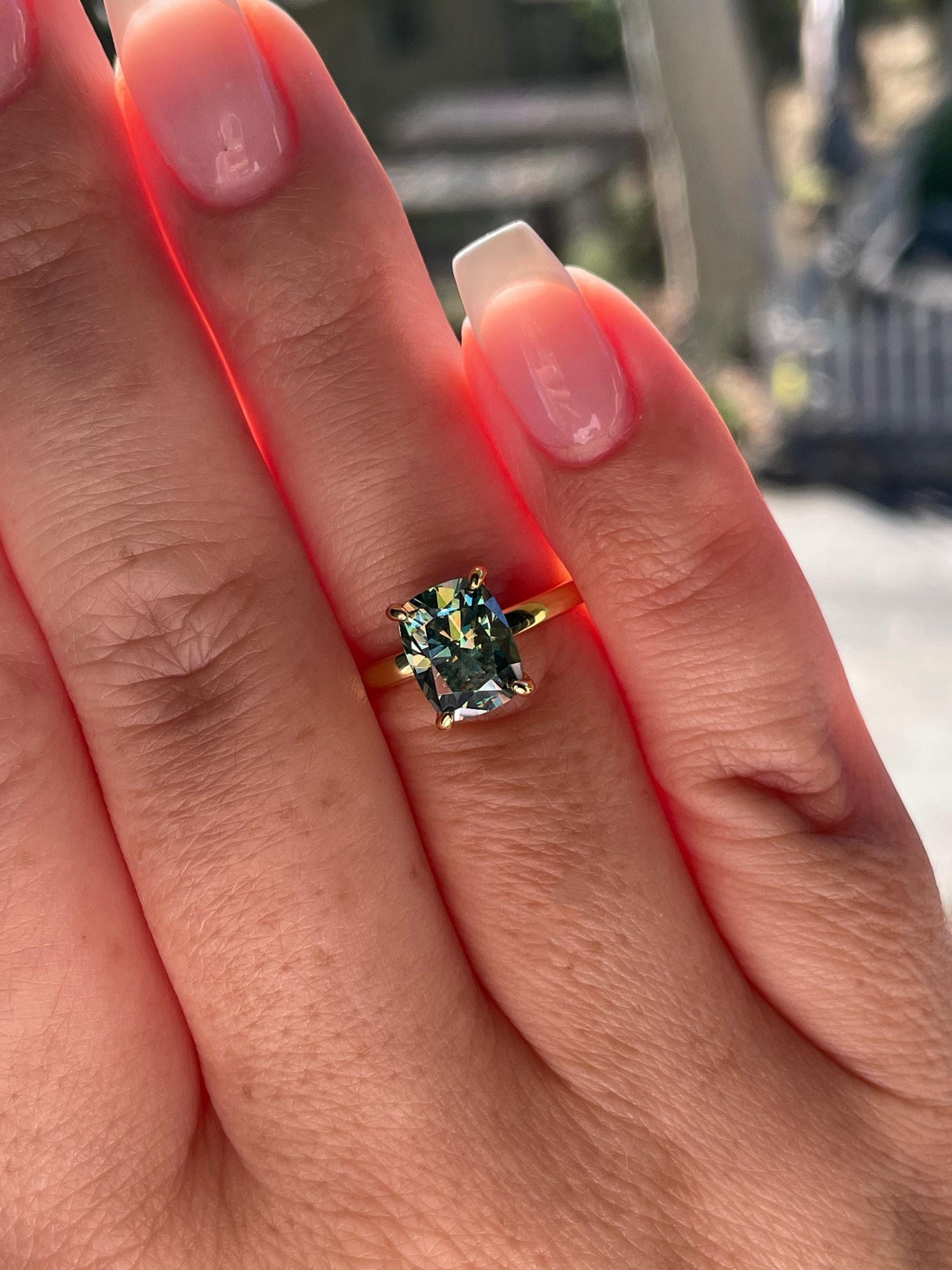 3 carat cushion cut green moissanite engagement ring. Sterling silver 925, gold vermeil green moissanite ring. May birthstone ring.