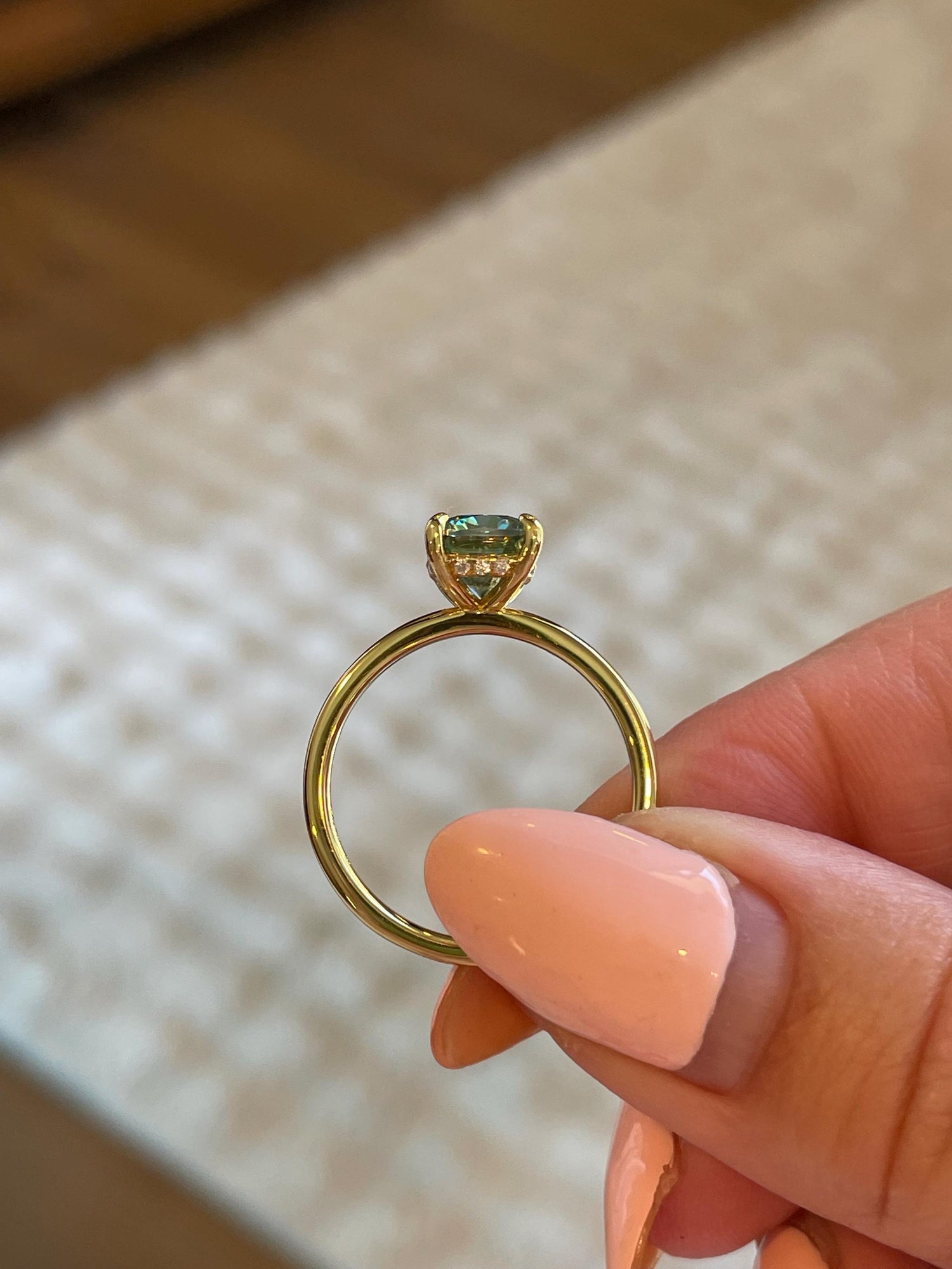 3 carat cushion cut green moissanite engagement ring. Sterling silver 925, gold vermeil green moissanite ring. May birthstone ring.