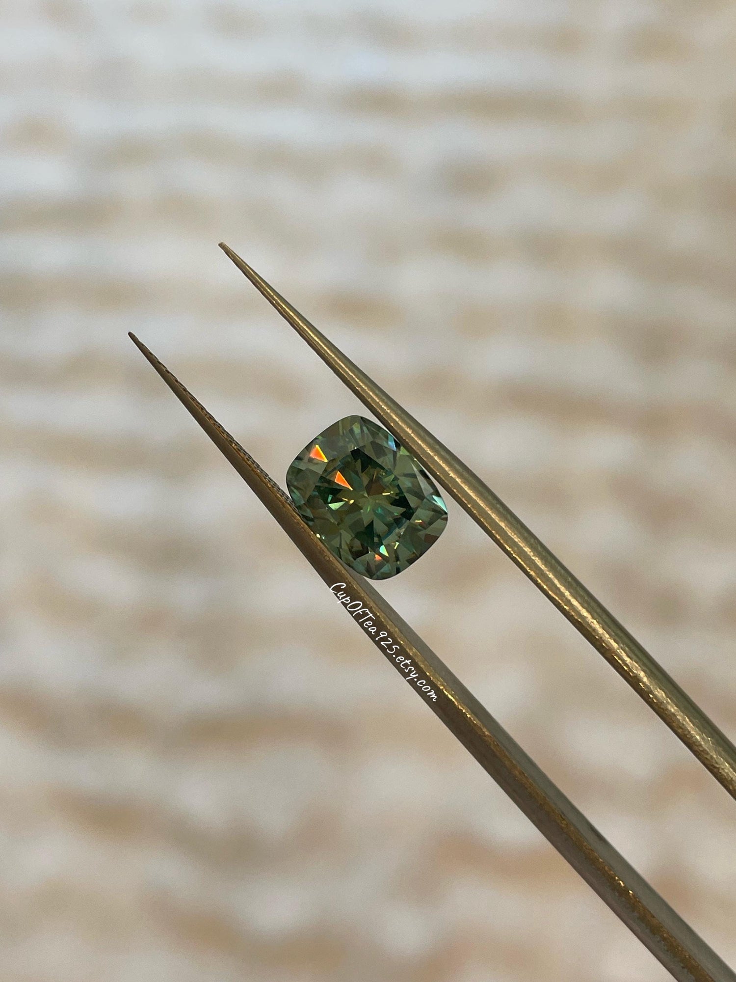 3 carat cushion cut green moissanite engagement ring. Sterling silver 925, gold vermeil green moissanite ring. May birthstone ring.