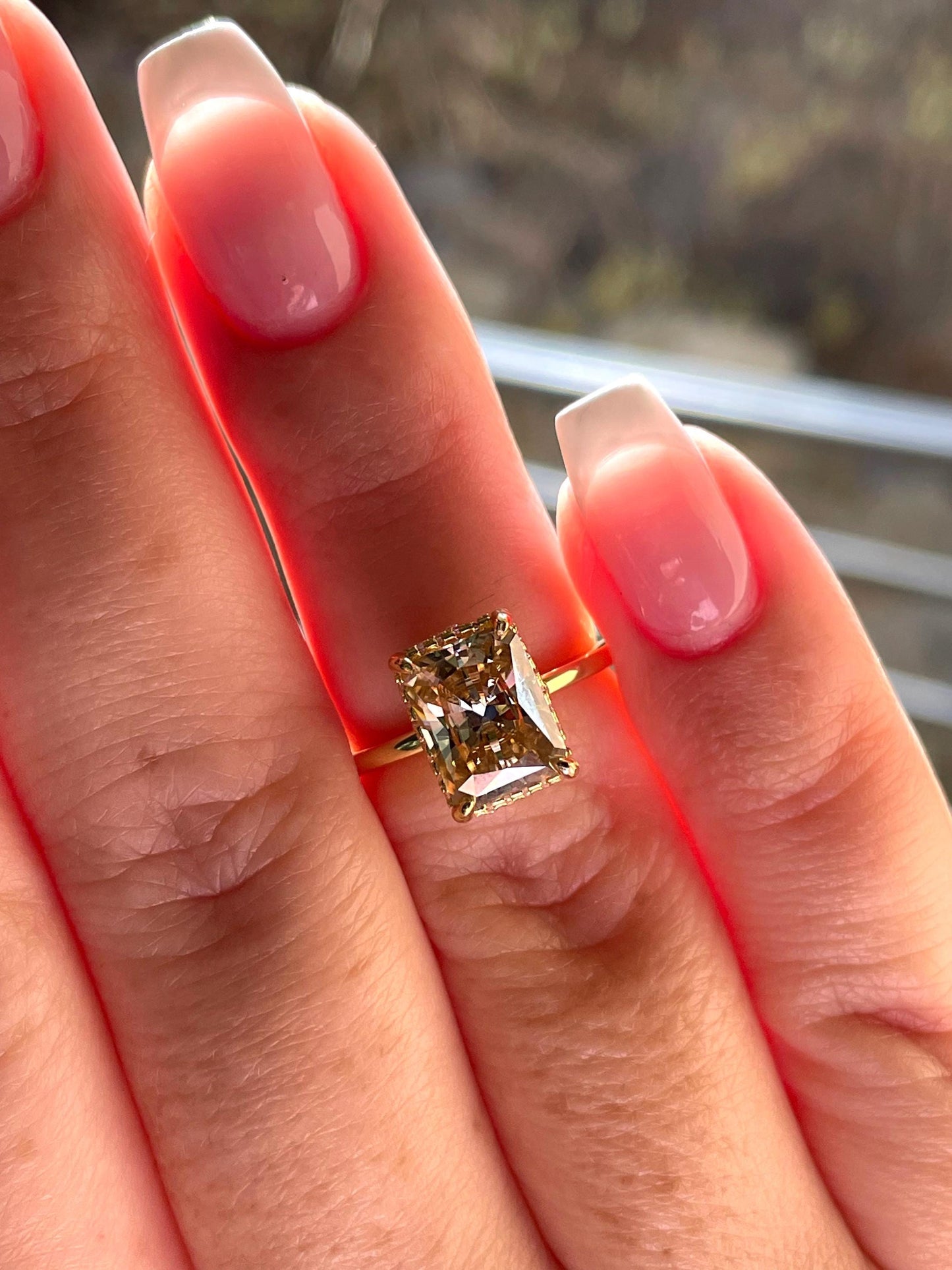 3 carat radiant cut champagne moissanite engagement ring with hidden halo, gold vermeil moissanite ring, silver moissanite ring gift for her