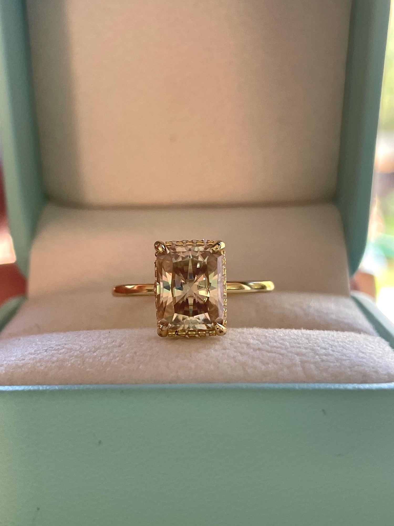 3 carat radiant cut champagne moissanite engagement ring with hidden halo, gold vermeil moissanite ring, silver moissanite ring gift for her