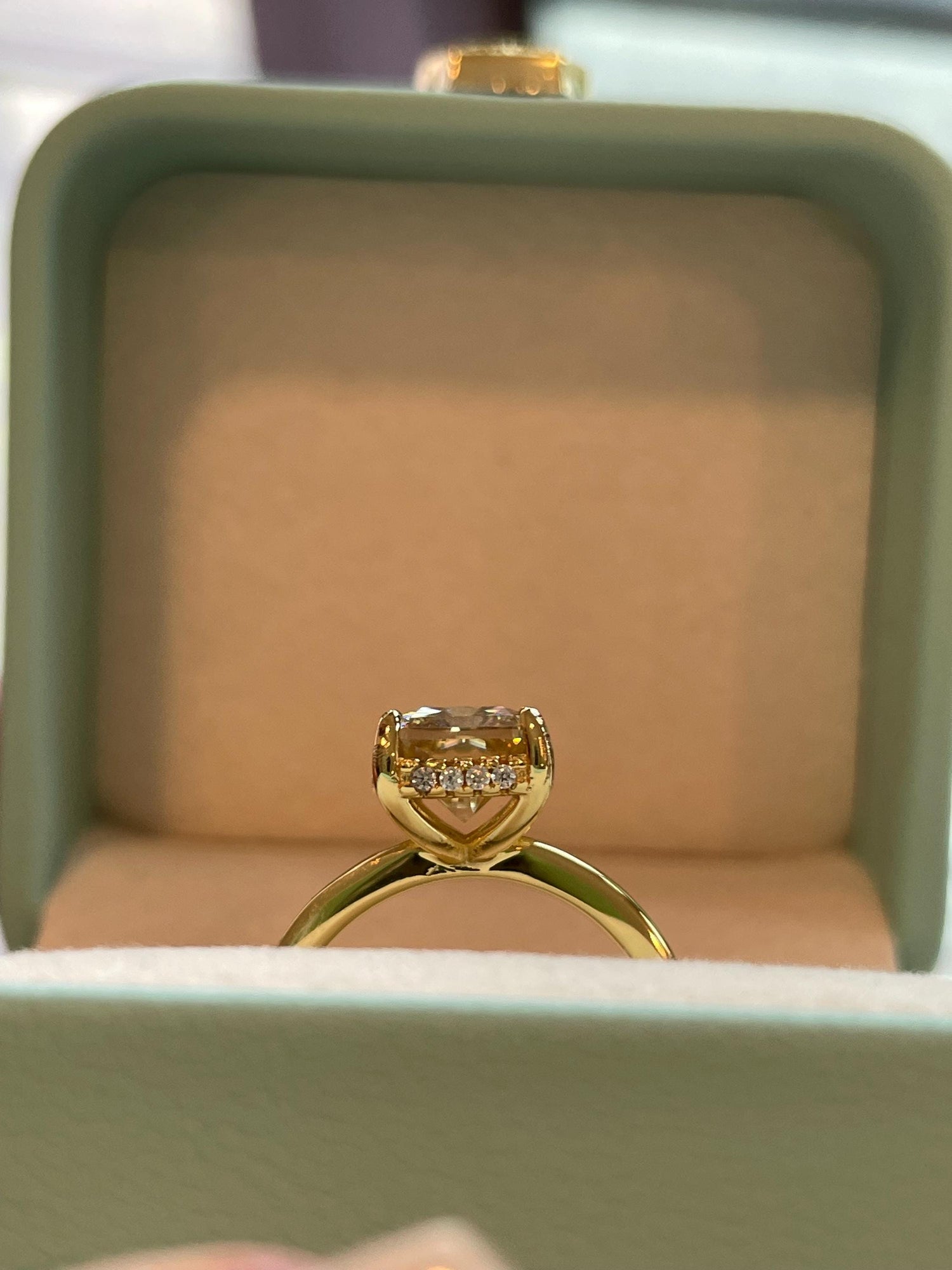 3 carat radiant cut champagne moissanite engagement ring with hidden halo, gold vermeil moissanite ring, silver moissanite ring gift for her