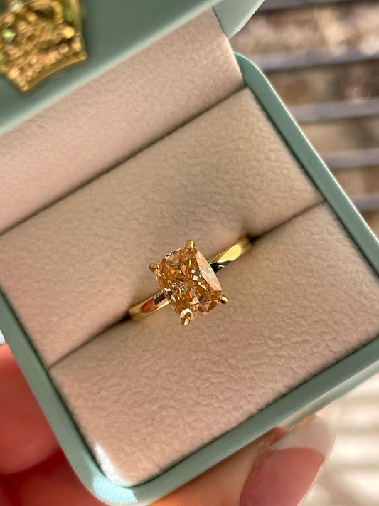 3 carat honey comb, champagne moissanite elongated cushion cut engagement ring with hidden halo, champagne moissanite ring,