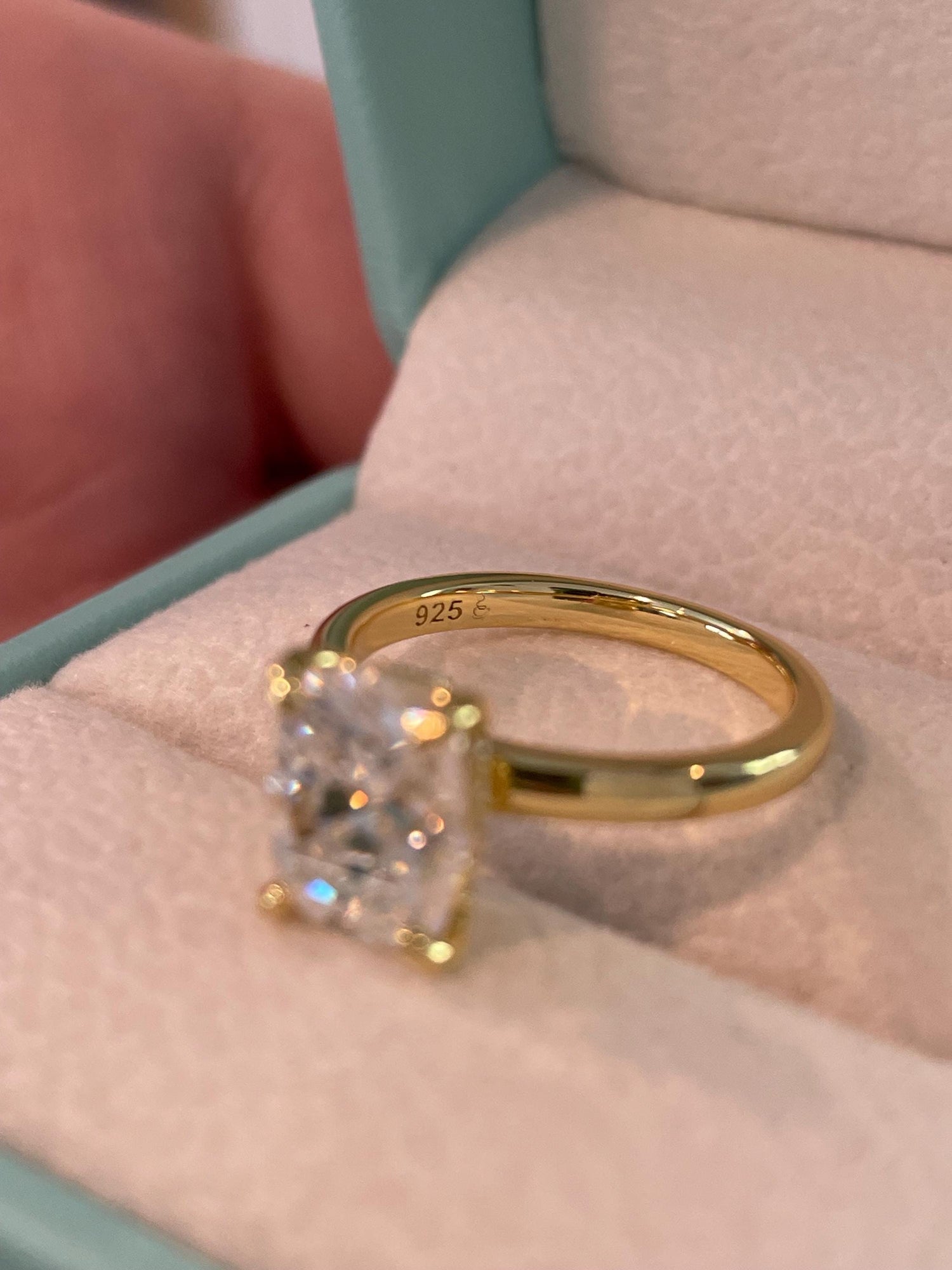 Moissanite engagement ring with 2.5CT Elongated Cushion Cut and hidden halo, yellow gold vermeil, silver engagement ring with Moissanite