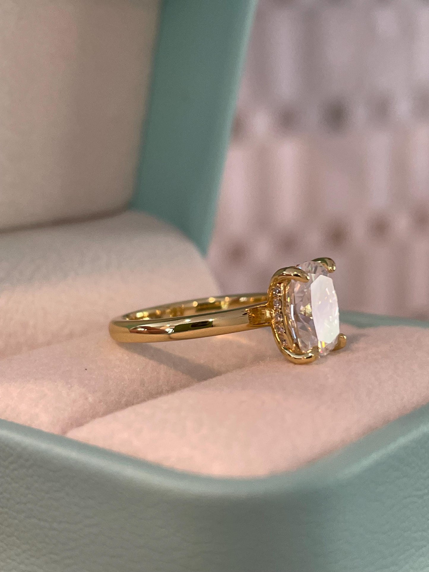 Moissanite engagement ring with 2.5CT Elongated Cushion Cut and hidden halo, yellow gold vermeil, silver engagement ring with Moissanite