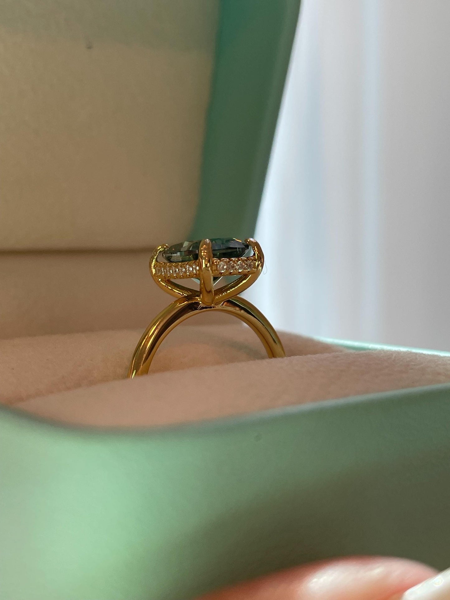 3 carat cushion cut green moissanite engagement ring. Sterling silver, gold vermeil green moissanite ring, May birthstone ring, gift for her