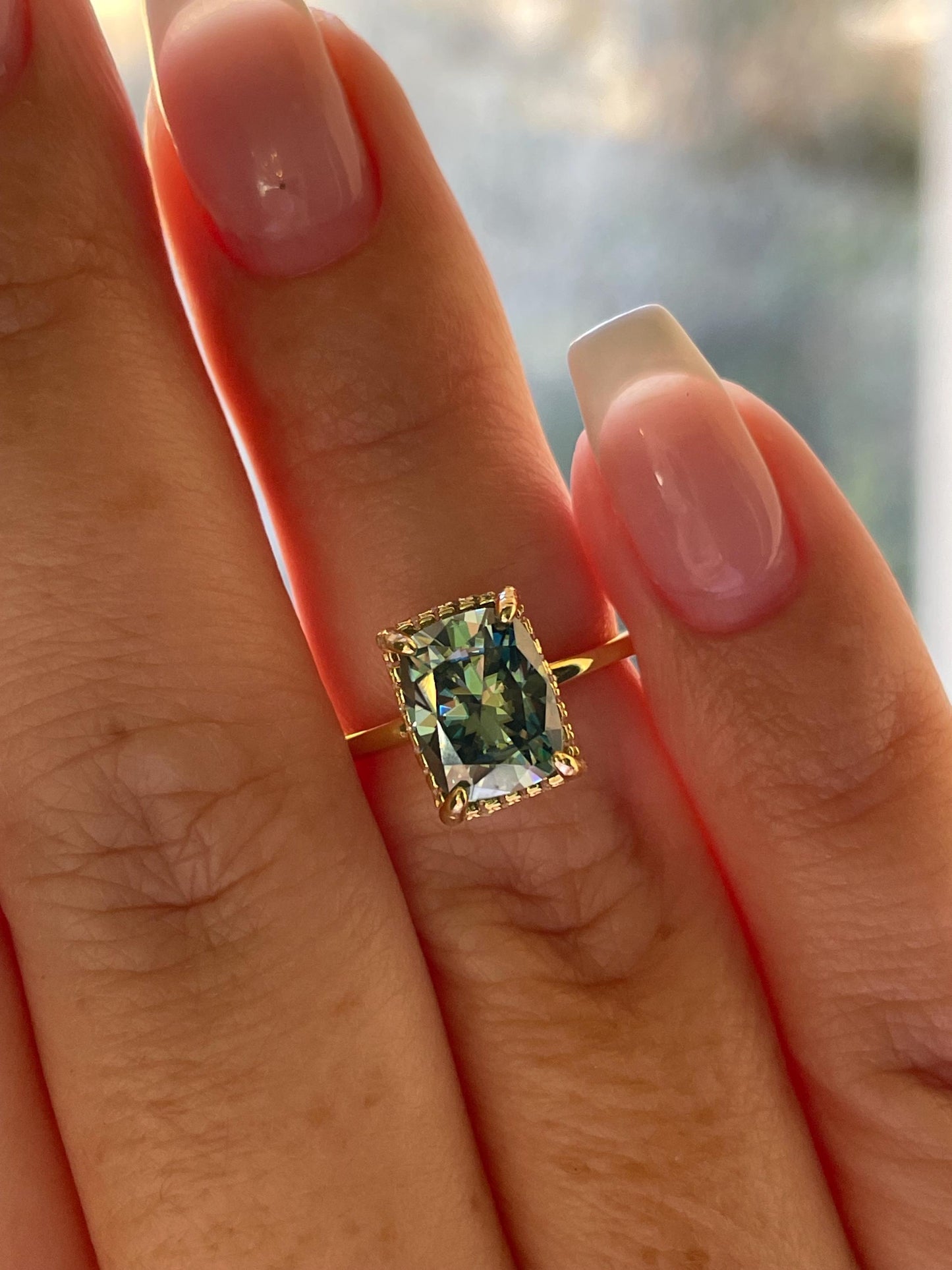 3 carat cushion cut green moissanite engagement ring. Sterling silver, gold vermeil green moissanite ring, May birthstone ring, gift for her