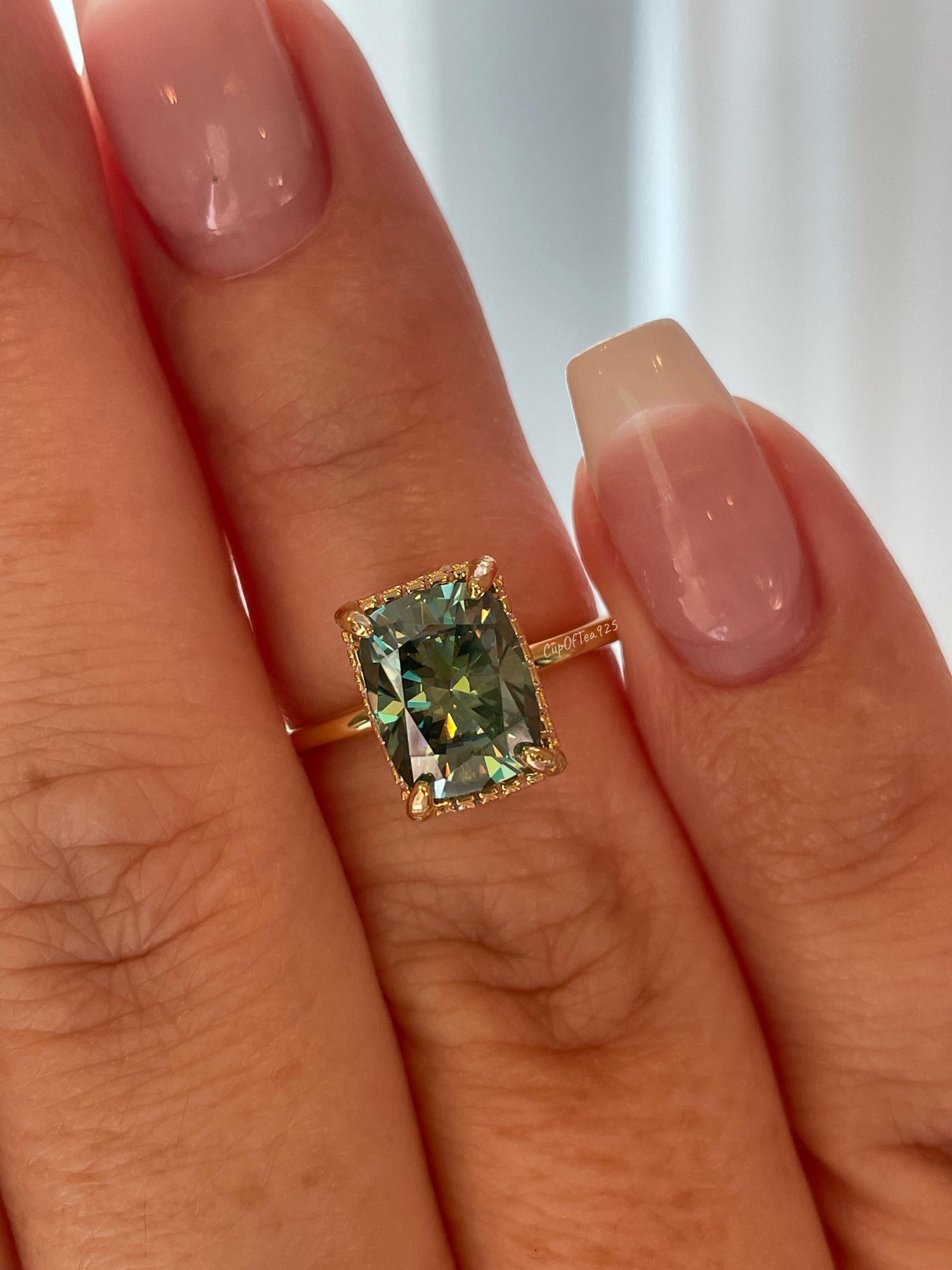 3 carat cushion cut green moissanite engagement ring. Sterling silver, gold vermeil green moissanite ring, May birthstone ring, gift for her