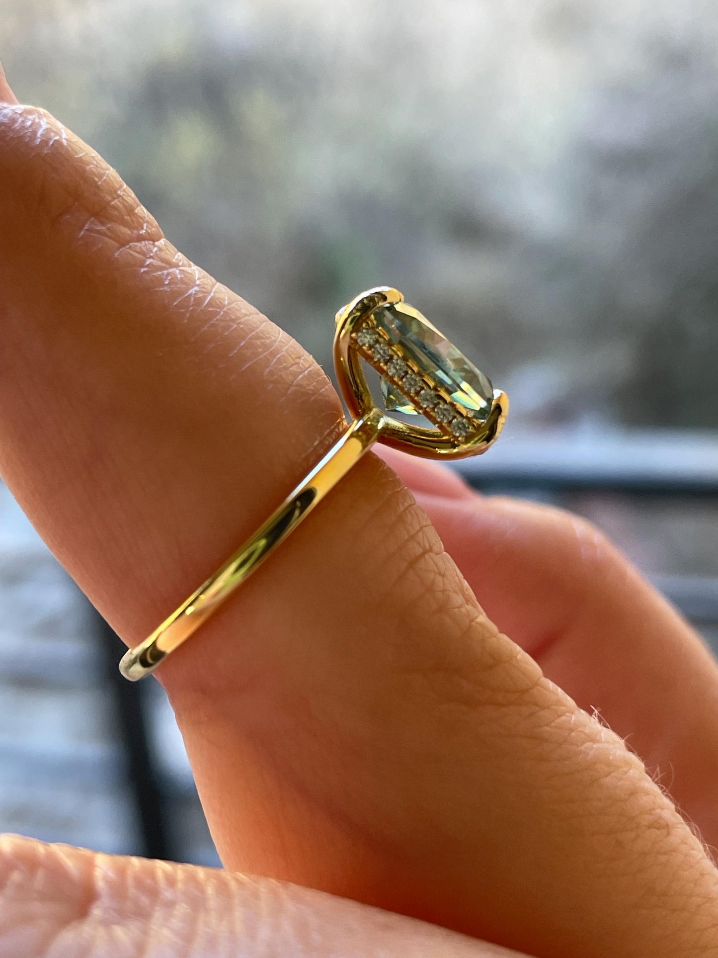 3 carat cushion cut green moissanite engagement ring. Sterling silver, gold vermeil green moissanite ring, May birthstone ring, gift for her