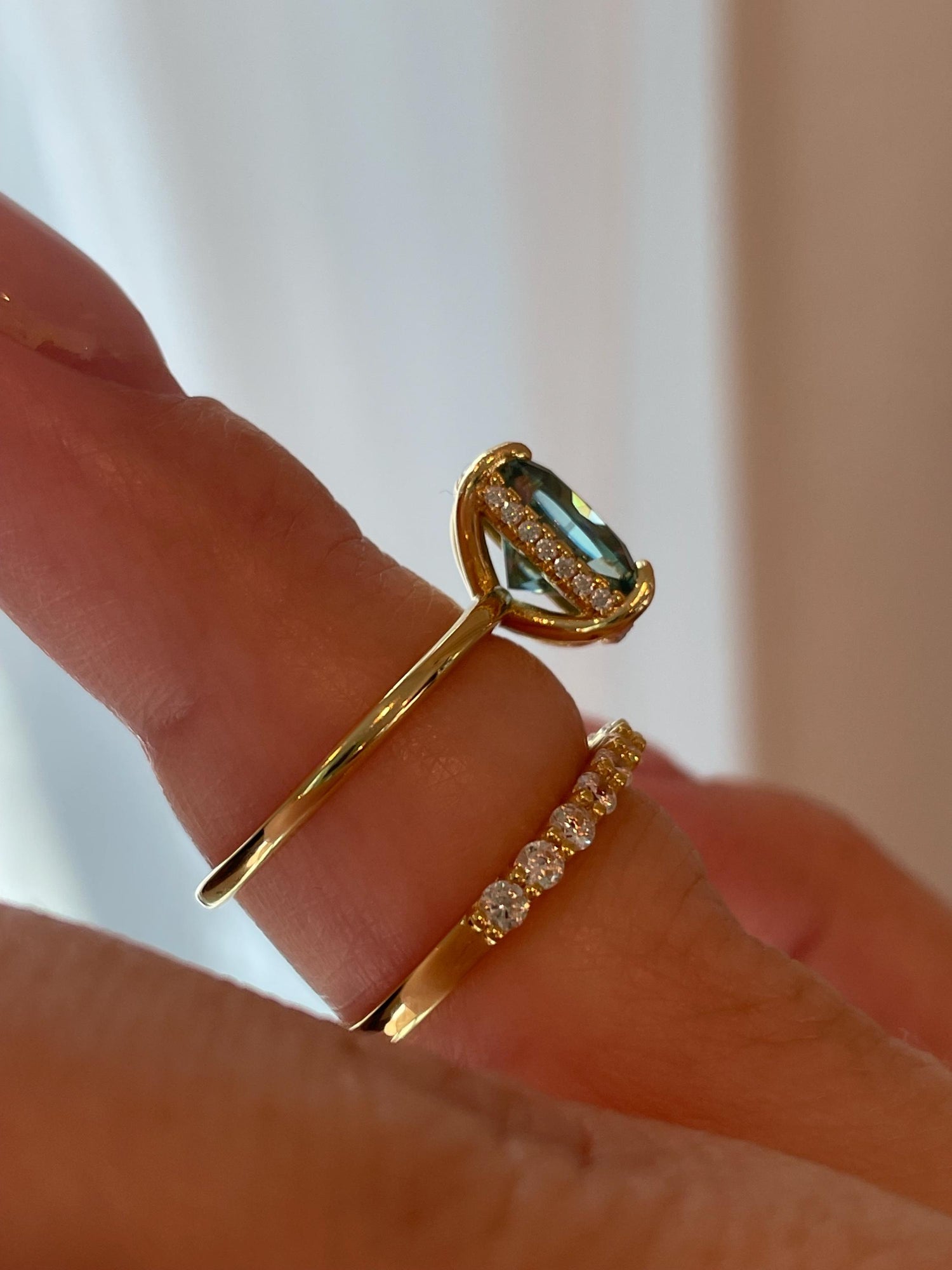 3 carat elongated cushion cut green moissanite engagement ring set, gold vermeil green moissanite ring, green stone ring, gift for her