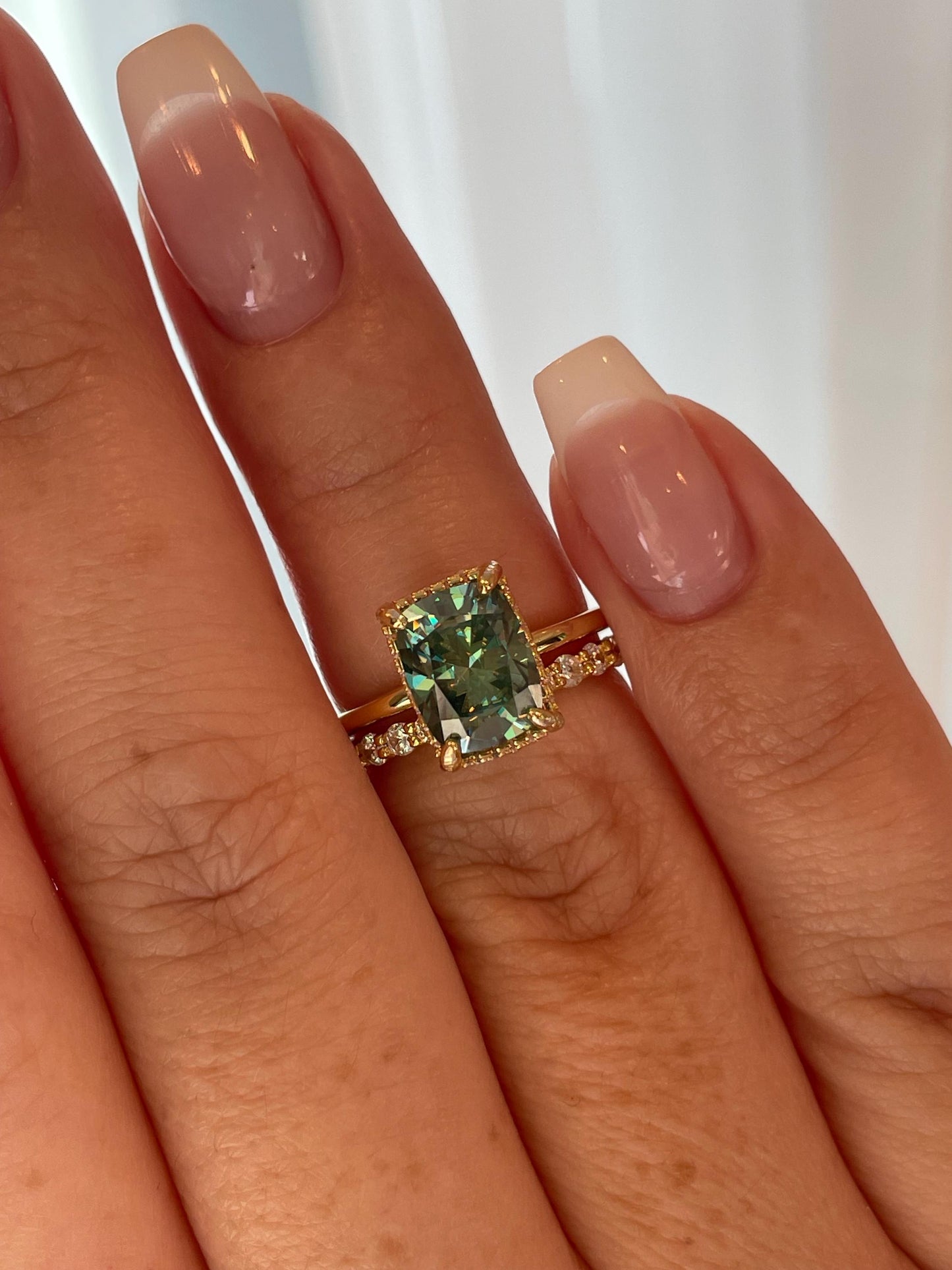 3 carat elongated cushion cut green moissanite engagement ring set, gold vermeil green moissanite ring, green stone ring, gift for her