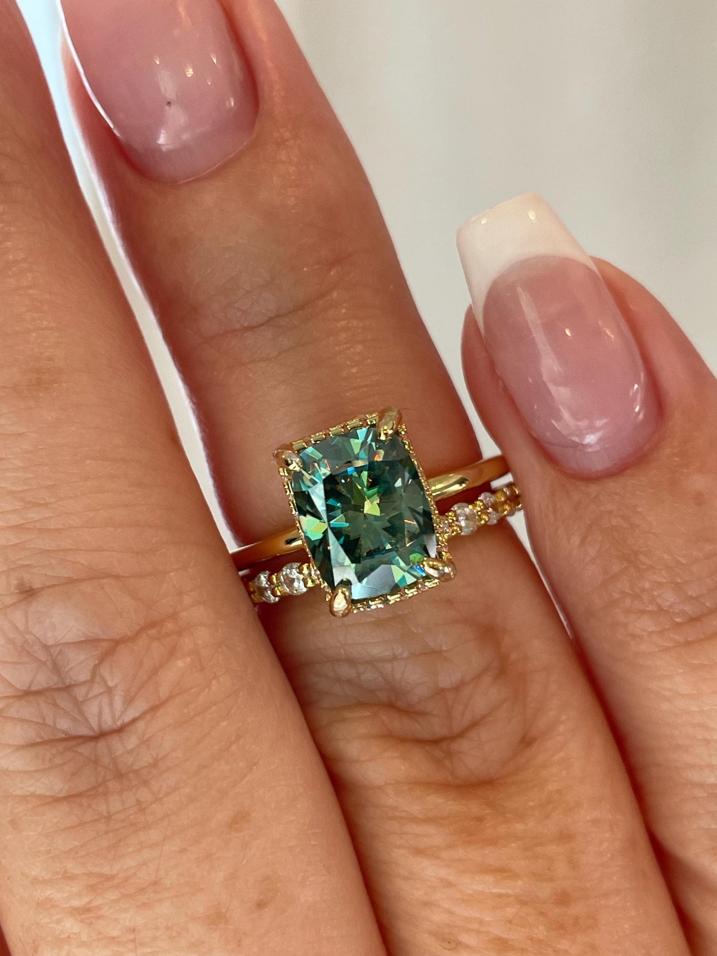 3 carat elongated cushion cut green moissanite engagement ring set, gold vermeil green moissanite ring, green stone ring, gift for her