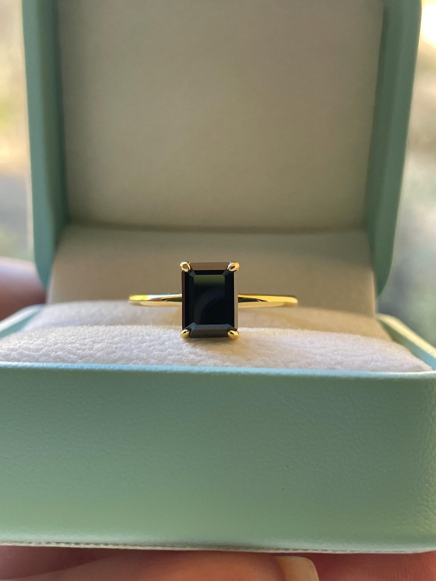 Black moissanite engagement ring, yellow gold vermeil , silver 925 emerald cut ring with black moissanite, black stone ring