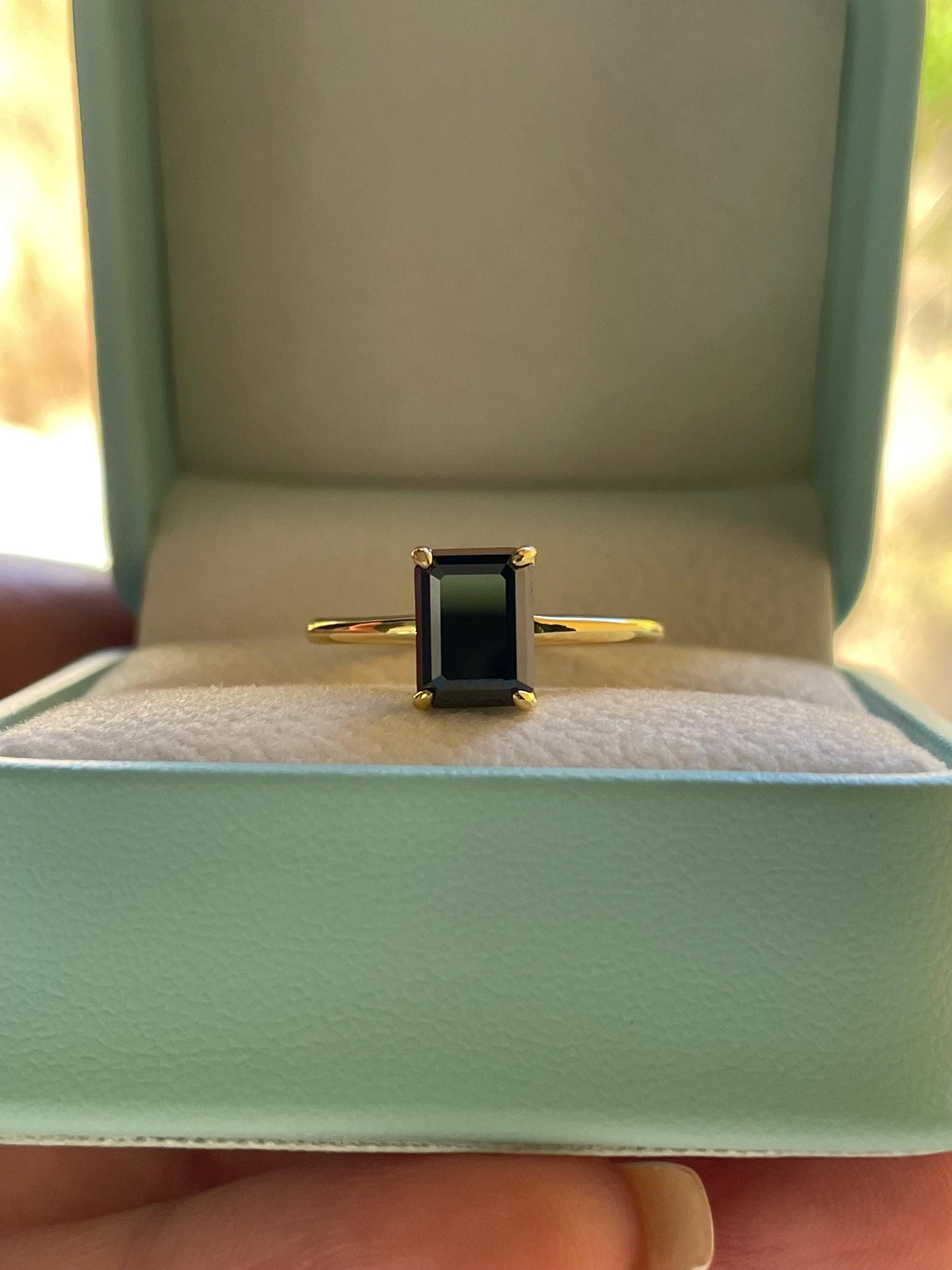 Black moissanite engagement ring, yellow gold vermeil , silver 925 emerald cut ring with black moissanite, black stone ring