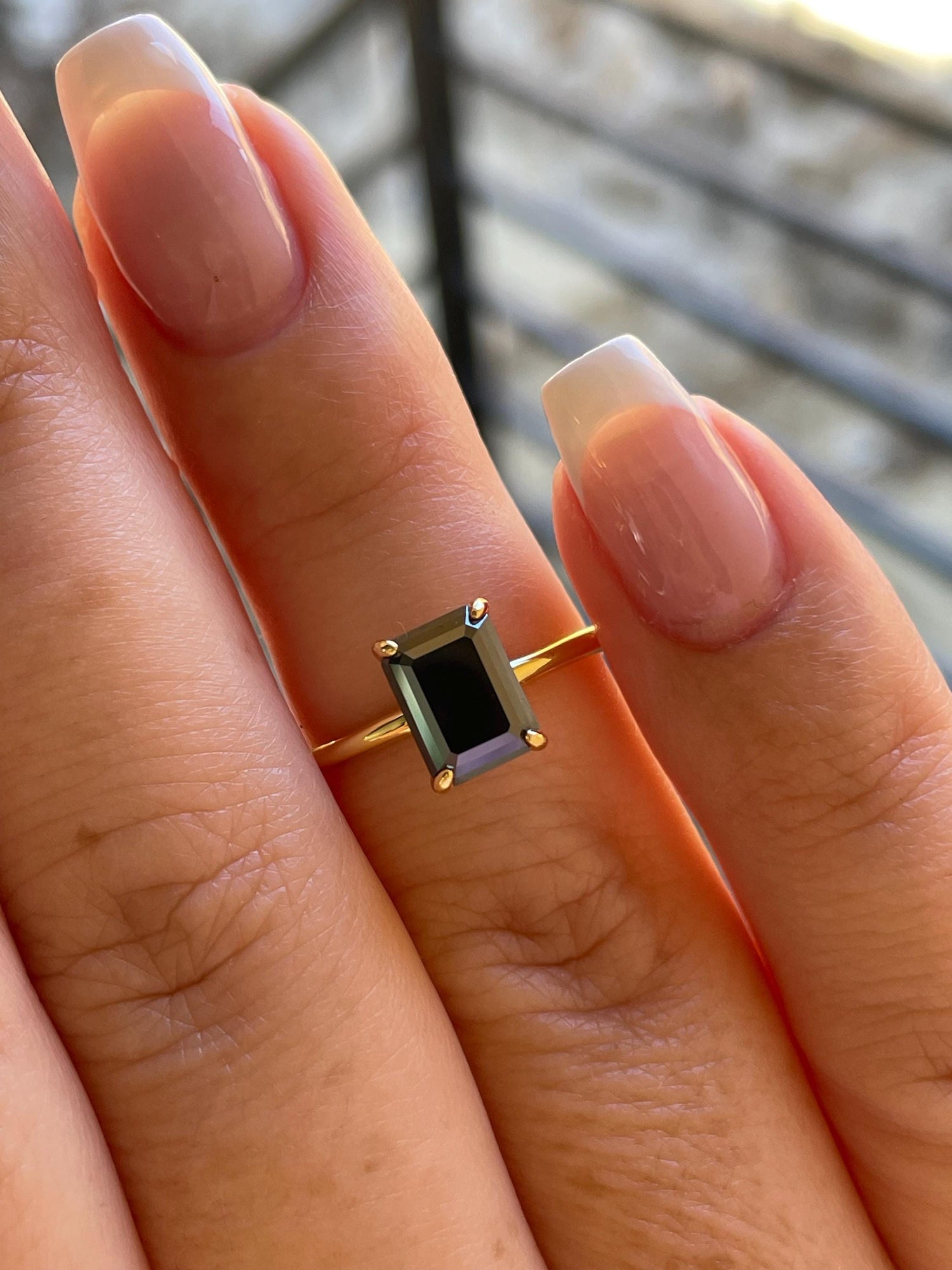 Black moissanite engagement ring, yellow gold vermeil , silver 925 emerald cut ring with black moissanite, black stone ring