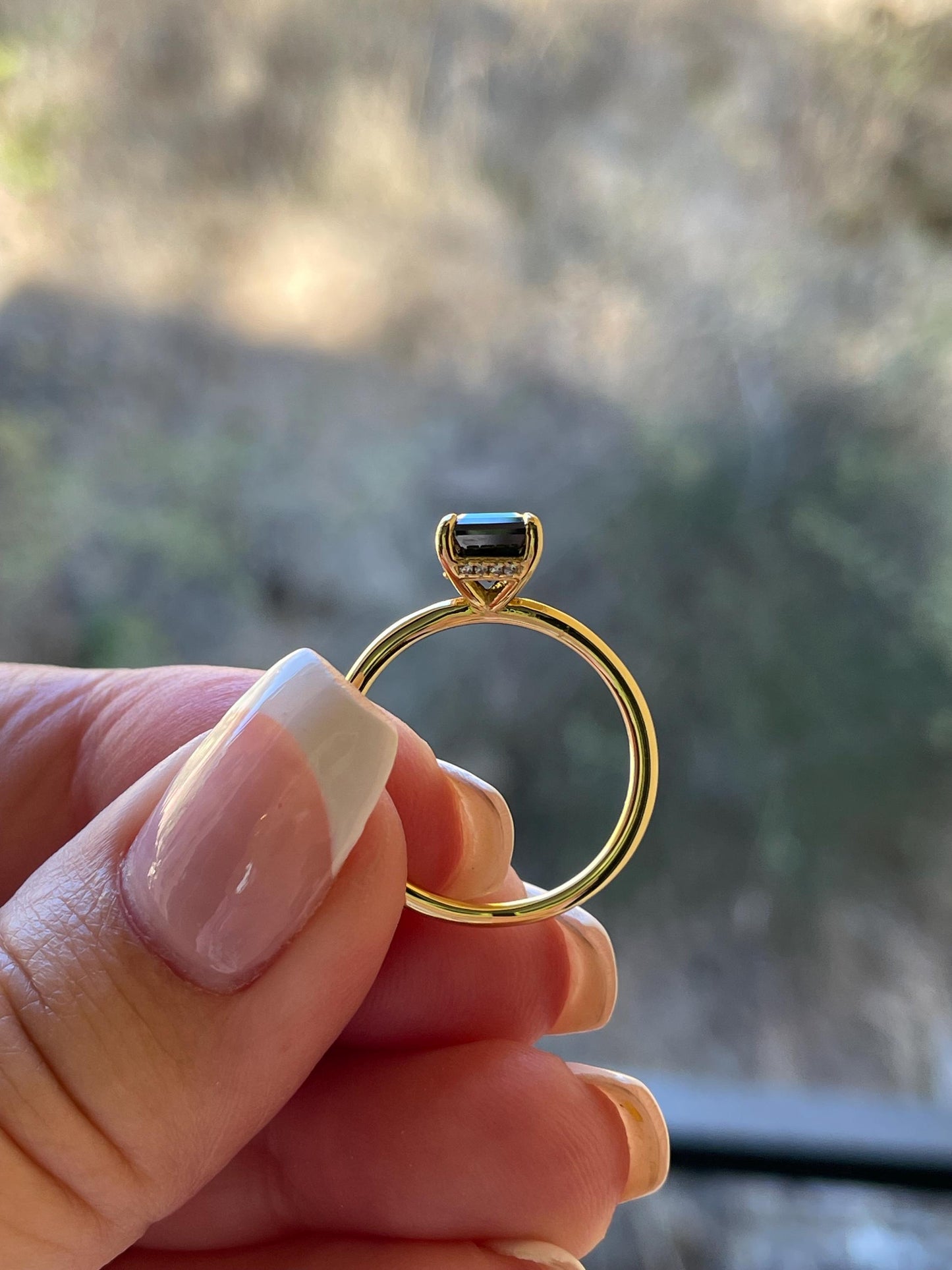 Black moissanite engagement ring, yellow gold vermeil , silver 925 emerald cut ring with black moissanite, black stone ring