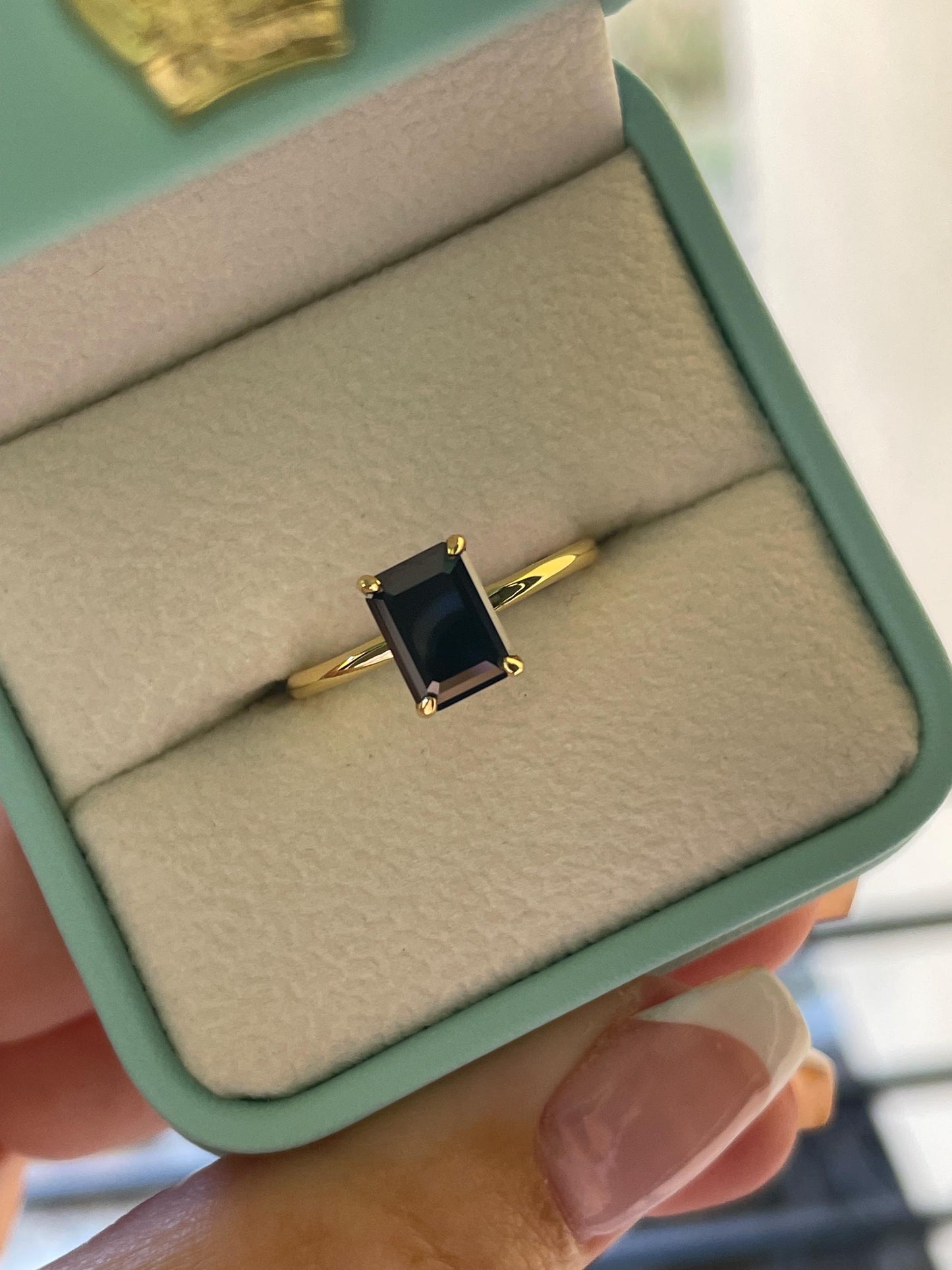 Black moissanite engagement ring, yellow gold vermeil , silver 925 emerald cut ring with black moissanite, black stone ring