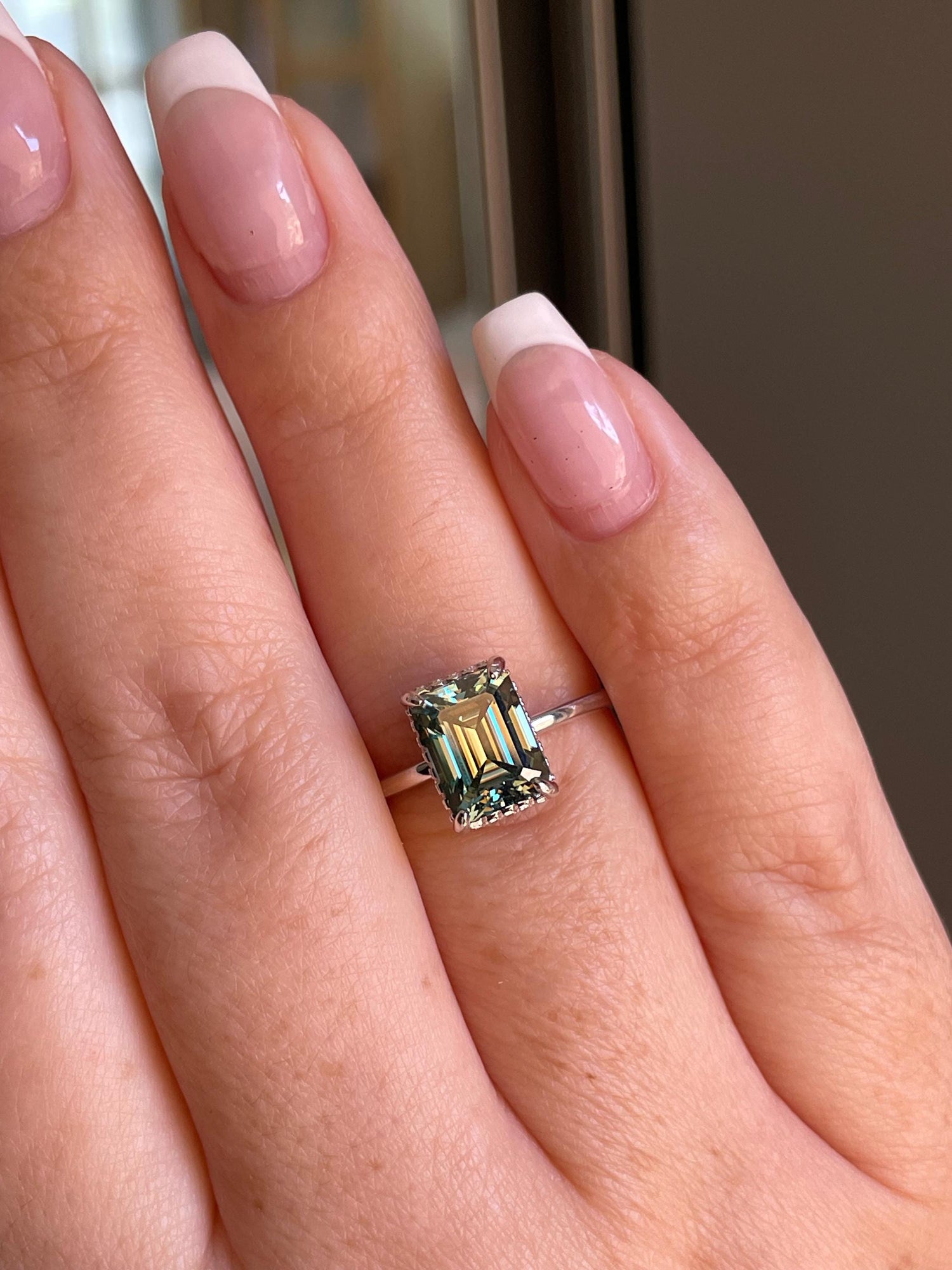 3 carat emerald cut green moissanite engagement ring with hidden halo, gold vermeil moissanite ring, silver moissanite ring gift for her