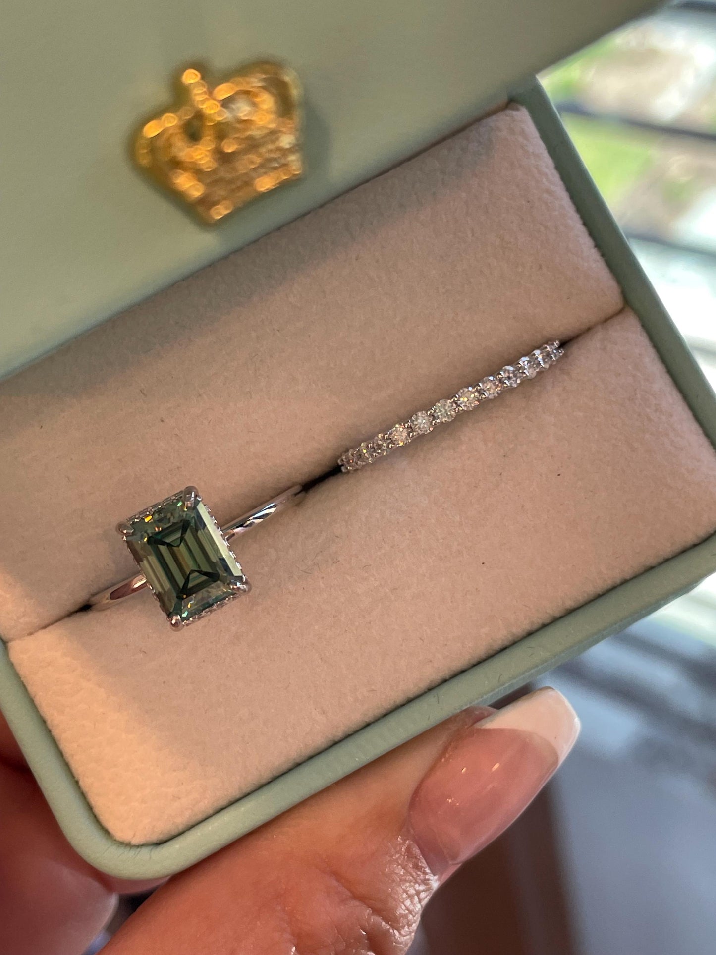 3 carat emerald cut green moissanite engagement ring set, silver ring , gold vermeil green moissanite ring, green stone ring, gift for her