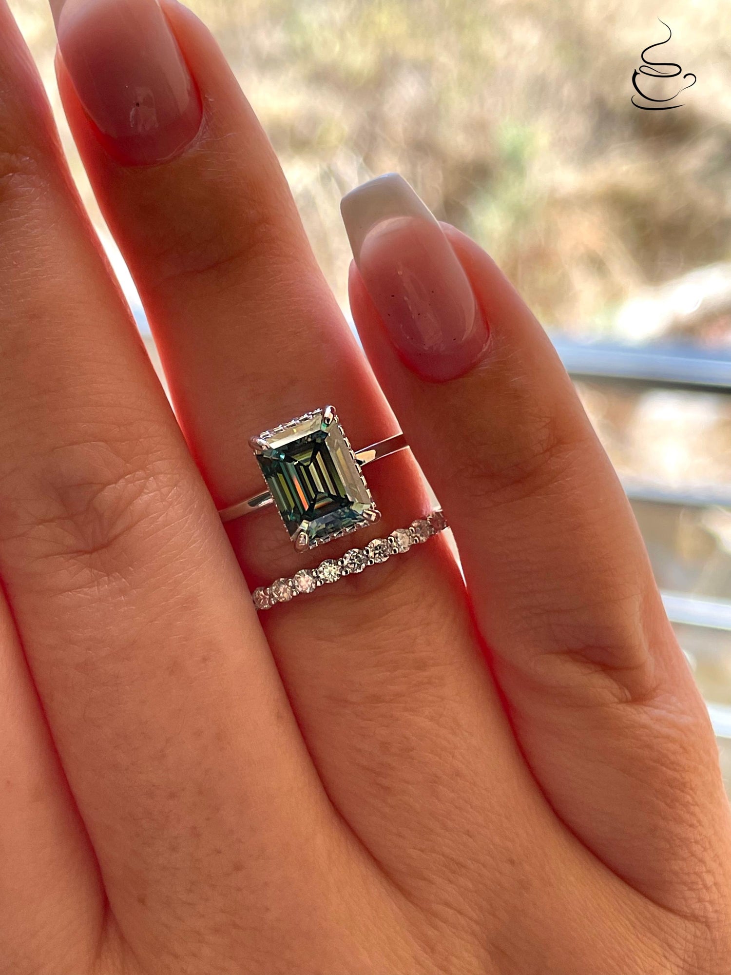 3 carat emerald cut green moissanite engagement ring set, silver ring , gold vermeil green moissanite ring, green stone ring, gift for her