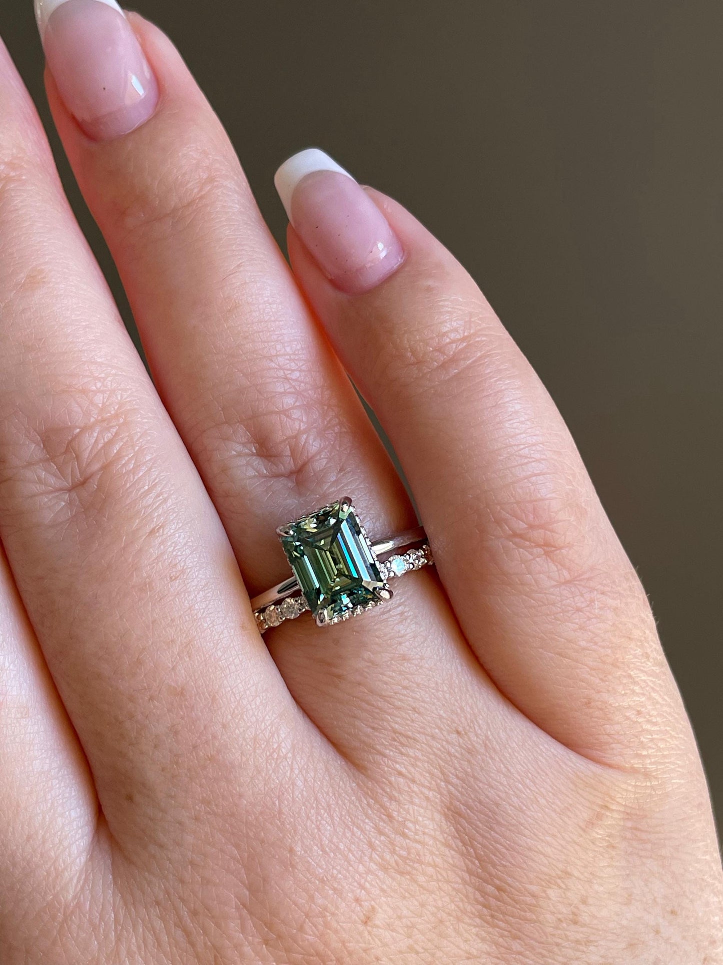 3 carat emerald cut green moissanite engagement ring set, silver ring , gold vermeil green moissanite ring, green stone ring, gift for her