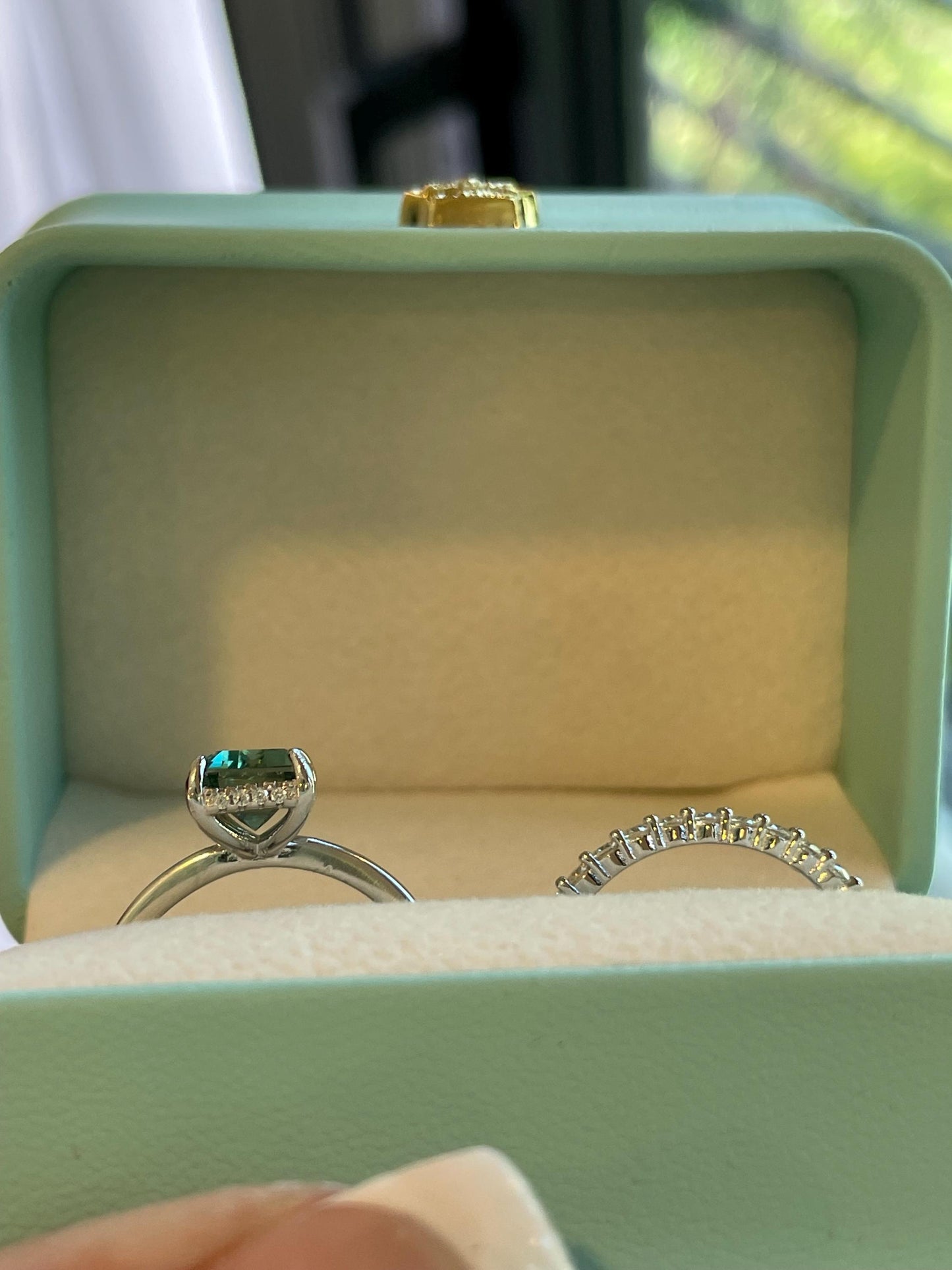 3 carat emerald cut green moissanite engagement ring set, silver ring , gold vermeil green moissanite ring, green stone ring, gift for her