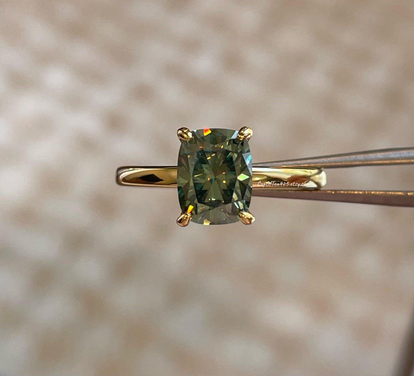 3 carat cushion cut green moissanite engagement ring. Sterling silver 925, gold vermeil green moissanite ring. May birthstone ring.