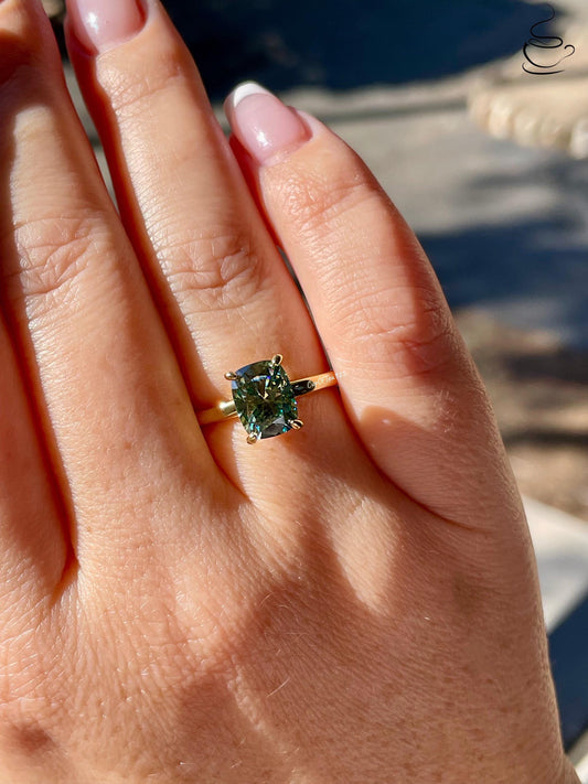 3 carat cushion cut green moissanite engagement ring. Sterling silver 925, gold vermeil green moissanite ring. May birthstone ring.