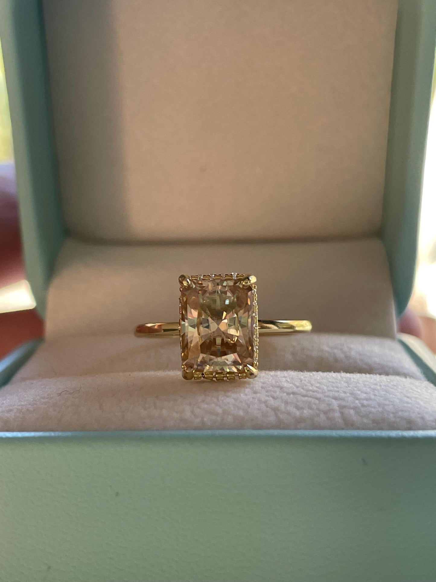 3 carat radiant cut champagne moissanite engagement ring with hidden halo, gold vermeil moissanite ring, silver moissanite ring gift for her