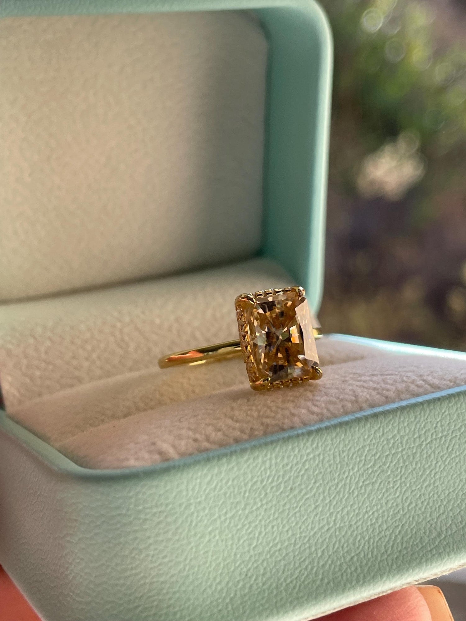 3 carat radiant cut champagne moissanite engagement ring with hidden halo, gold vermeil moissanite ring, silver moissanite ring gift for her