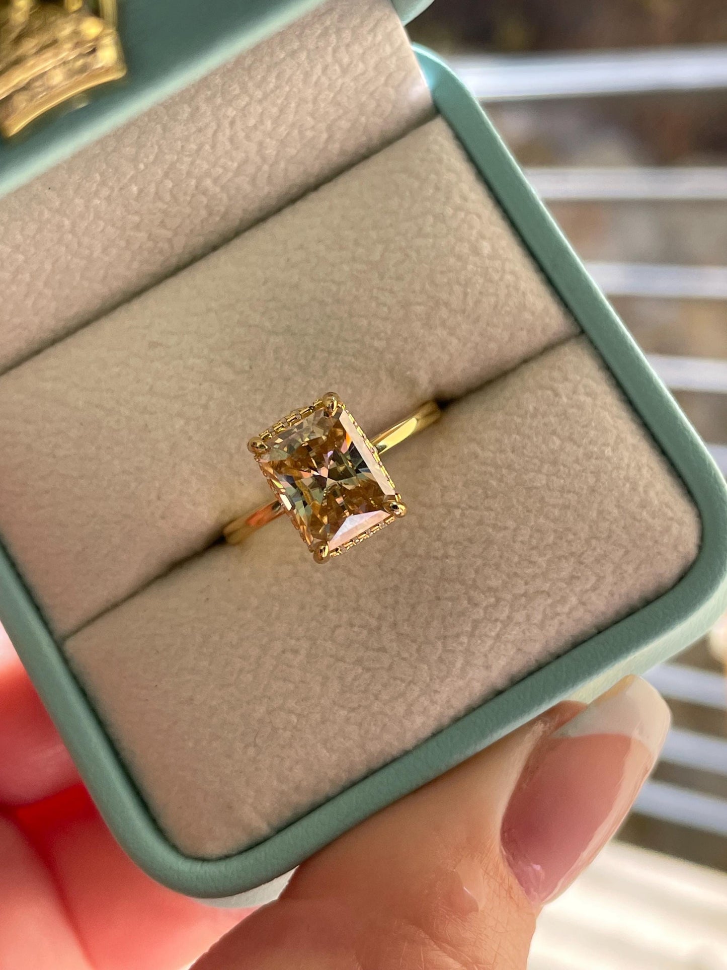 3 carat radiant cut champagne moissanite engagement ring with hidden halo, gold vermeil moissanite ring, silver moissanite ring gift for her