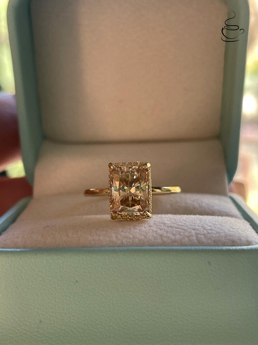 3 carat radiant cut champagne moissanite engagement ring with hidden halo, gold vermeil moissanite ring, silver moissanite ring gift for her