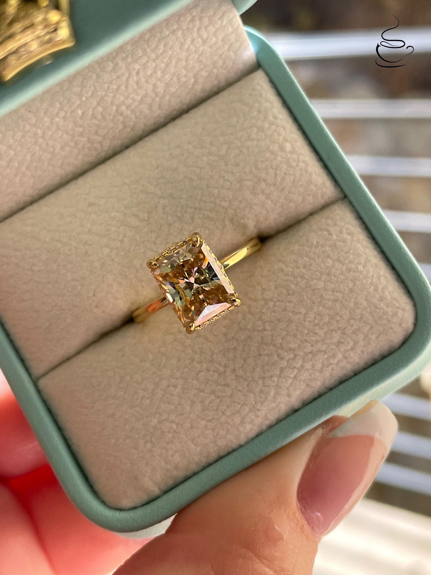 3 carat radiant cut champagne moissanite engagement ring with hidden halo, gold vermeil moissanite ring, silver moissanite ring gift for her