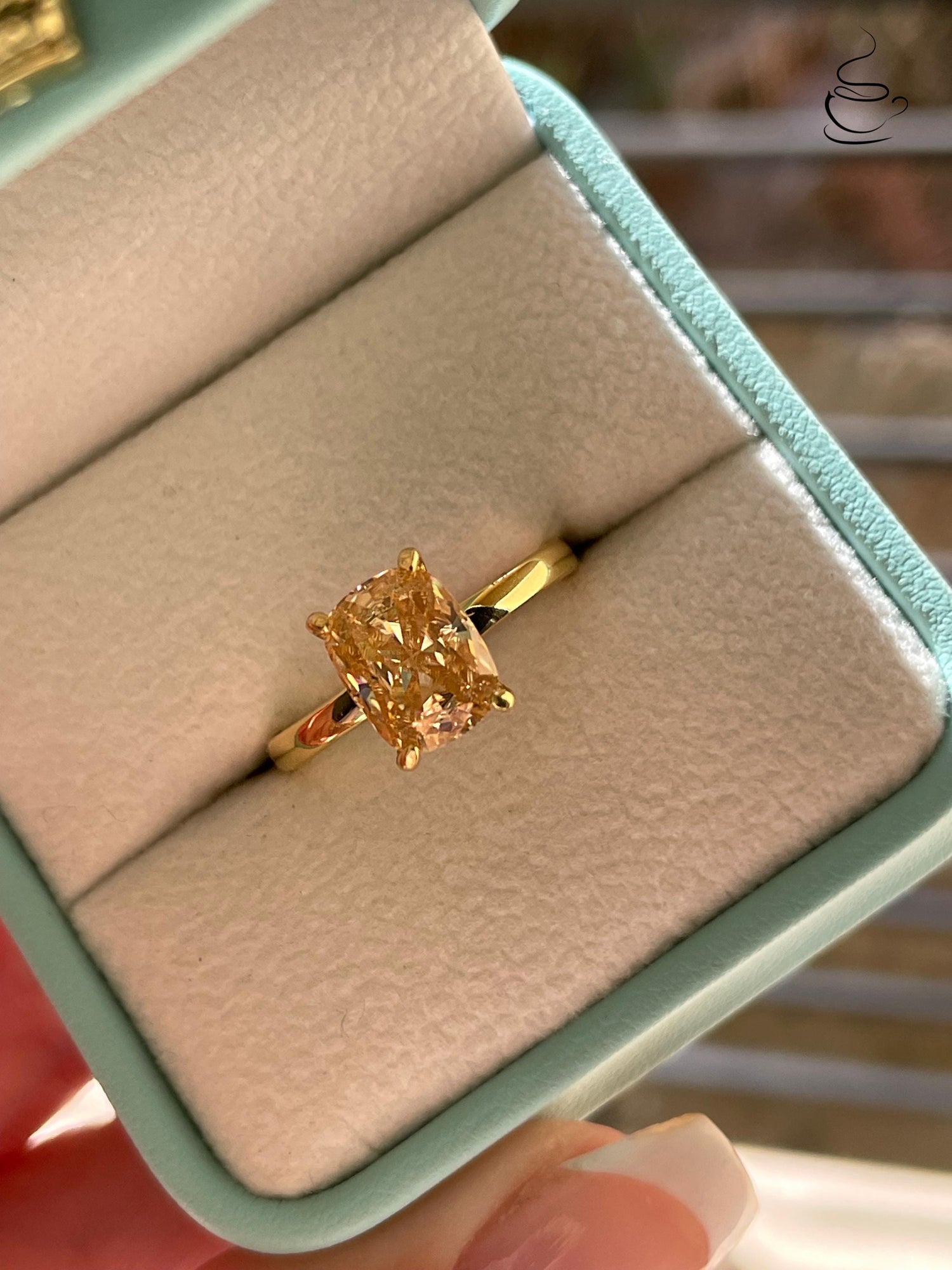 3 carat honey comb, champagne moissanite elongated cushion cut engagement ring with hidden halo, champagne moissanite ring,