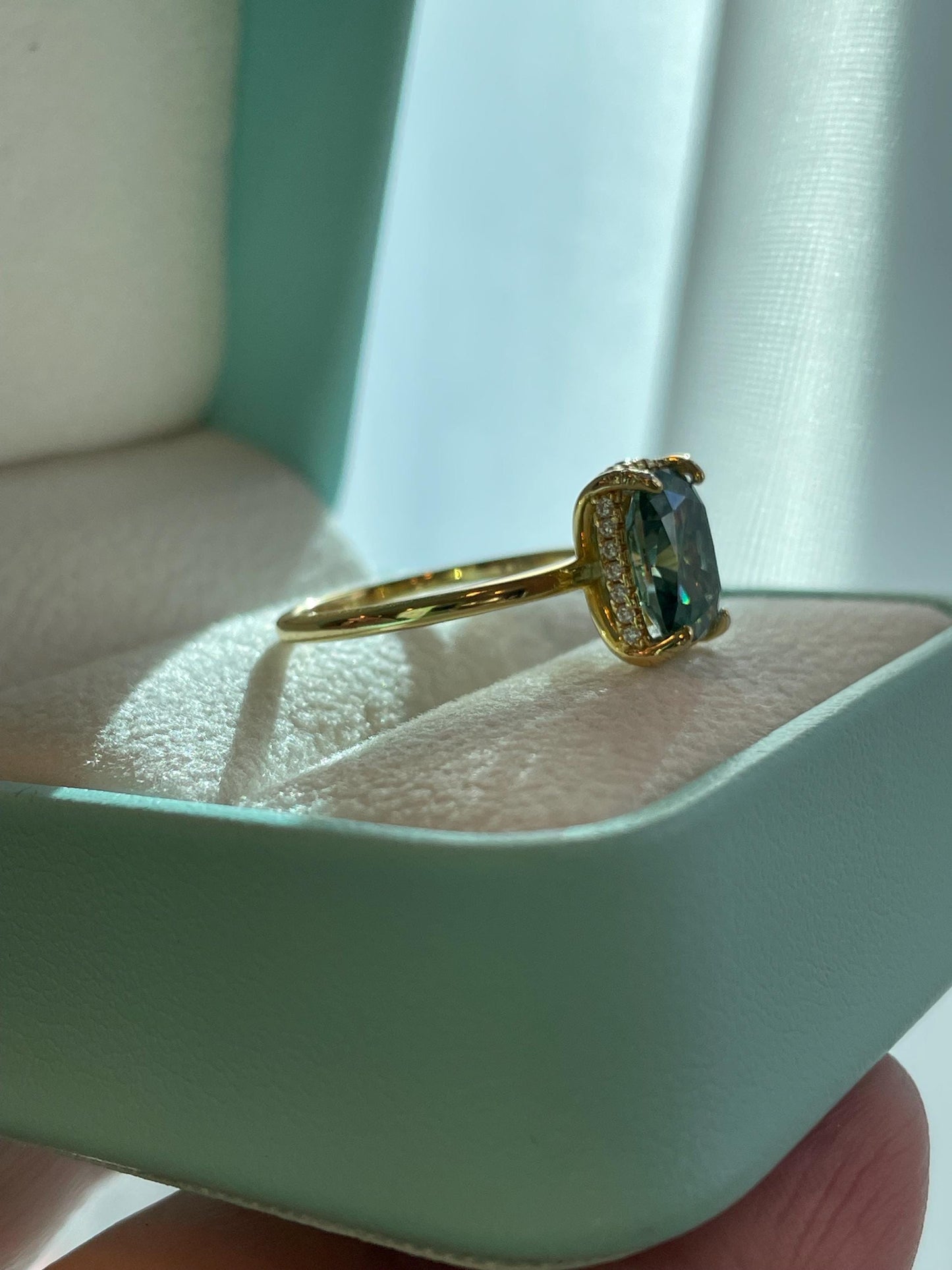 3 carat cushion cut green moissanite engagement ring. Sterling silver, gold vermeil green moissanite ring, May birthstone ring, gift for her
