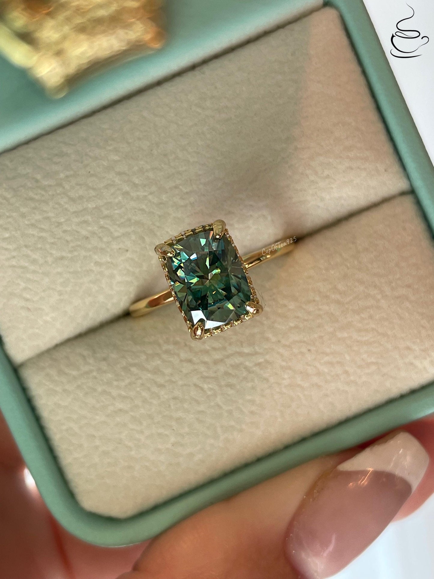 3 carat cushion cut green moissanite engagement ring. Sterling silver, gold vermeil green moissanite ring, May birthstone ring, gift for her