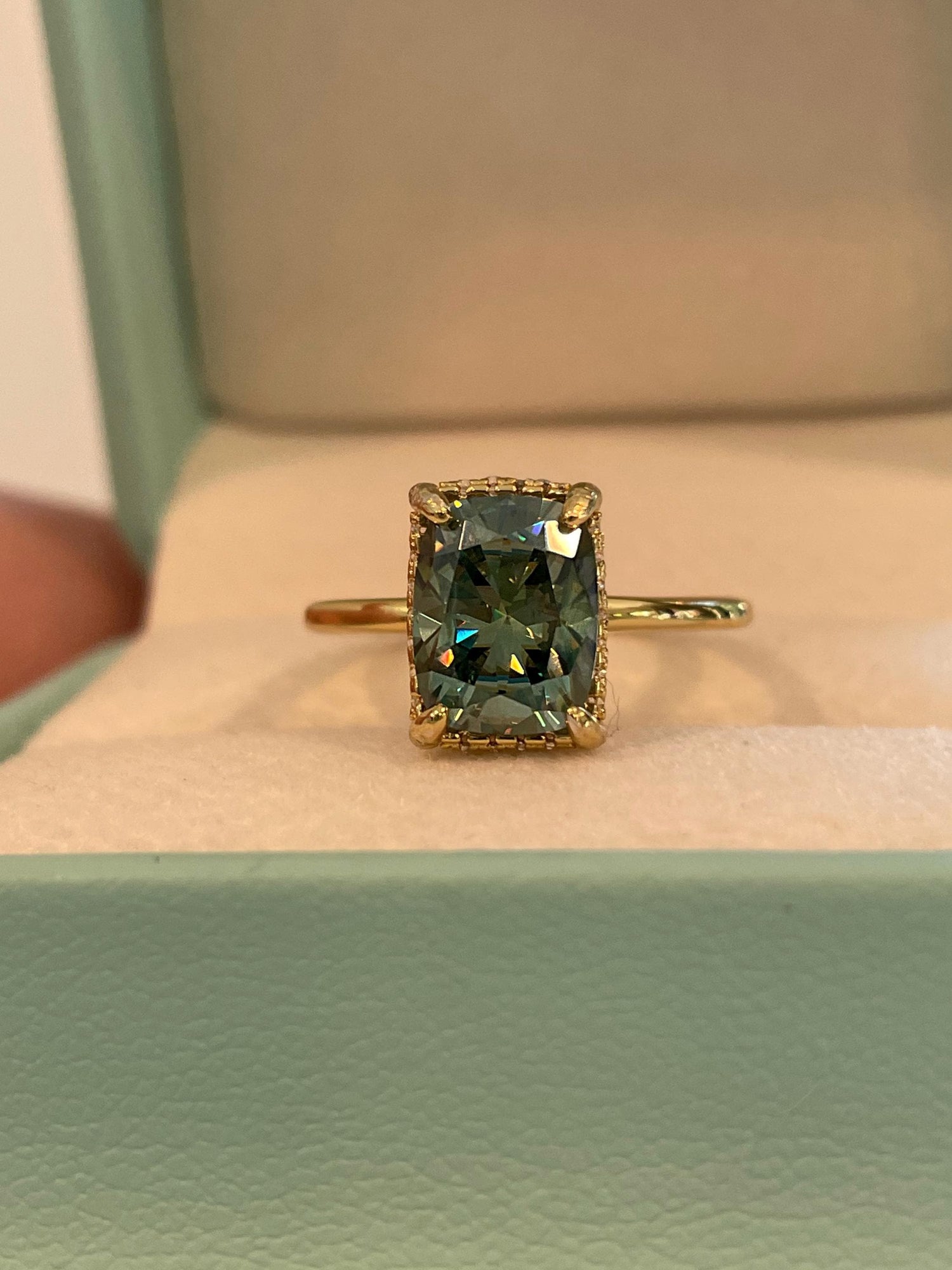 3 carat cushion cut green moissanite engagement ring. Sterling silver, gold vermeil green moissanite ring, May birthstone ring, gift for her