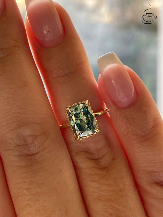 3 carat cushion cut green moissanite engagement ring. Sterling silver, gold vermeil green moissanite ring, May birthstone ring, gift for her