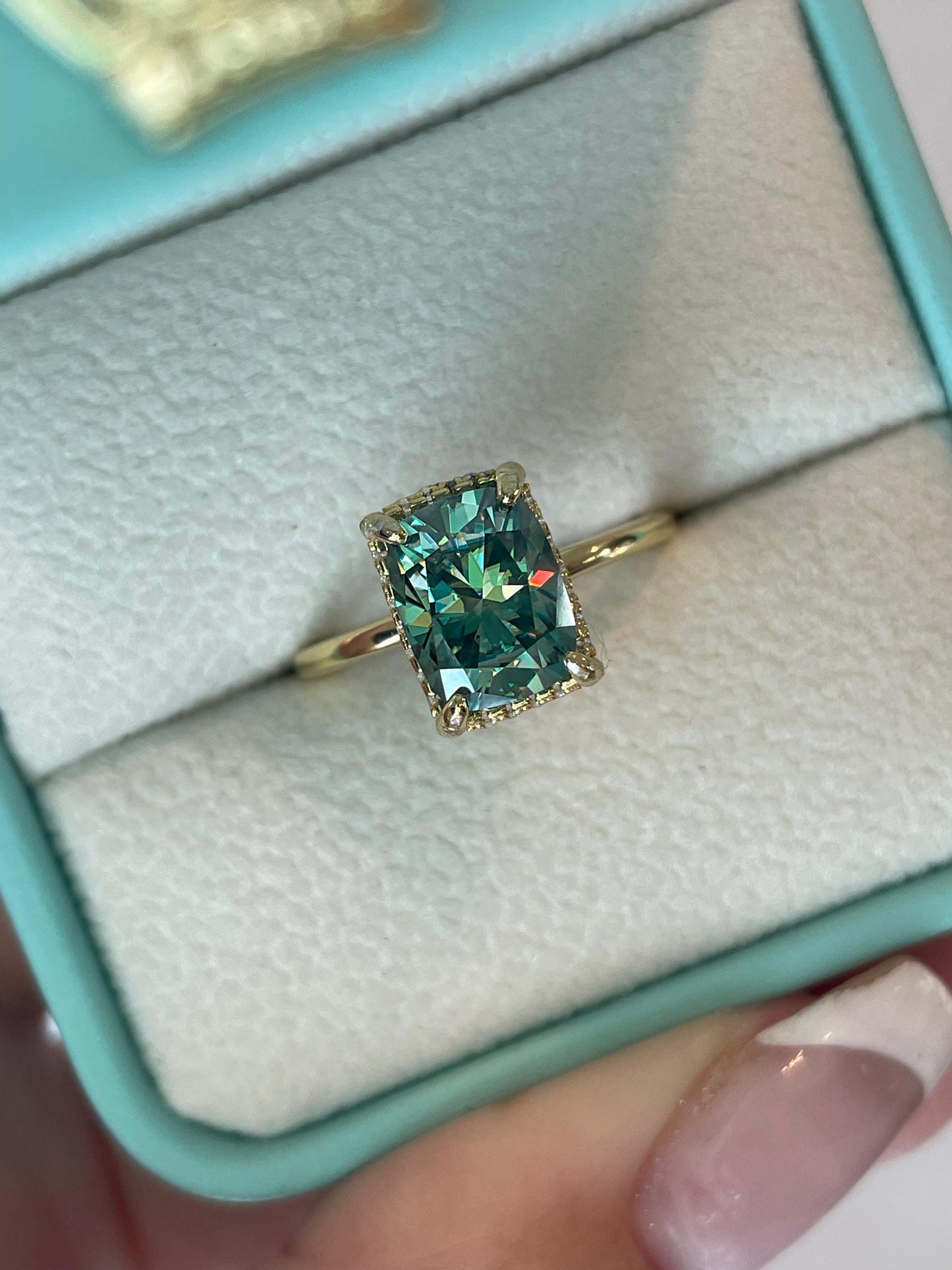 3 carat cushion cut green moissanite engagement ring. Sterling silver, gold vermeil green moissanite ring, May birthstone ring, gift for her