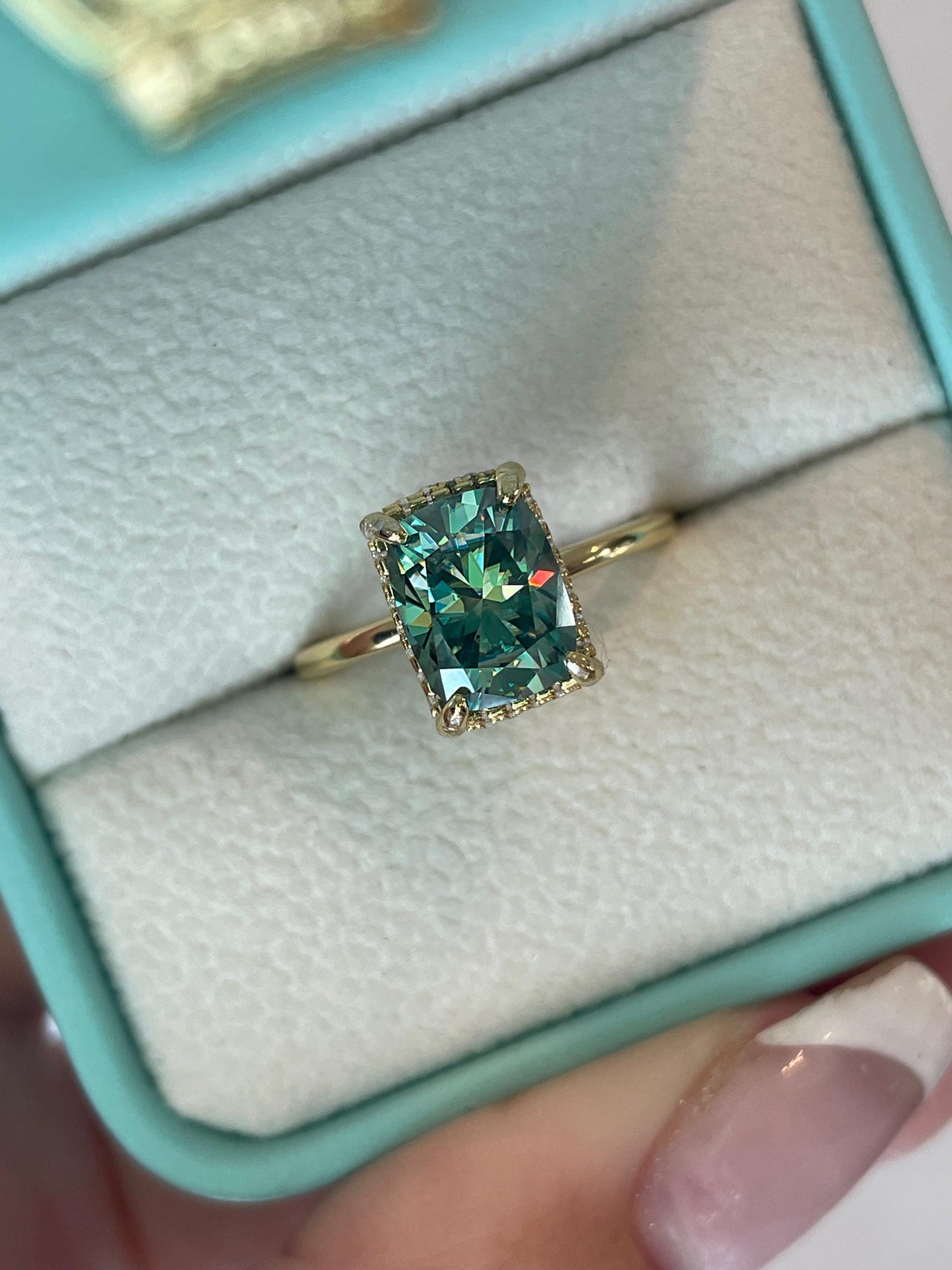 3 carat cushion cut green moissanite engagement ring. Sterling silver, gold vermeil green moissanite ring, May birthstone ring, gift for her