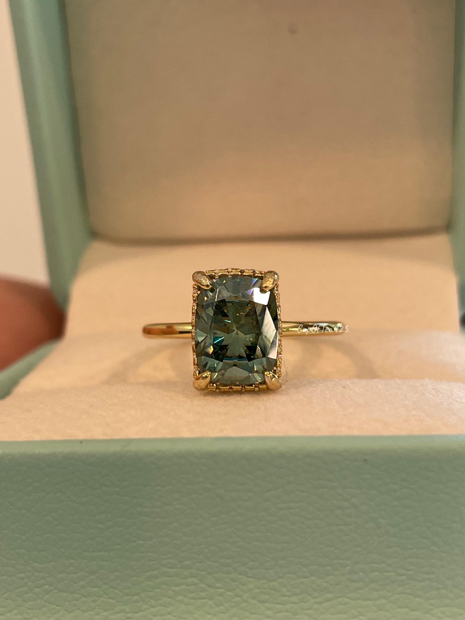 3 carat cushion cut green moissanite engagement ring. Sterling silver, gold vermeil green moissanite ring, May birthstone ring, gift for her