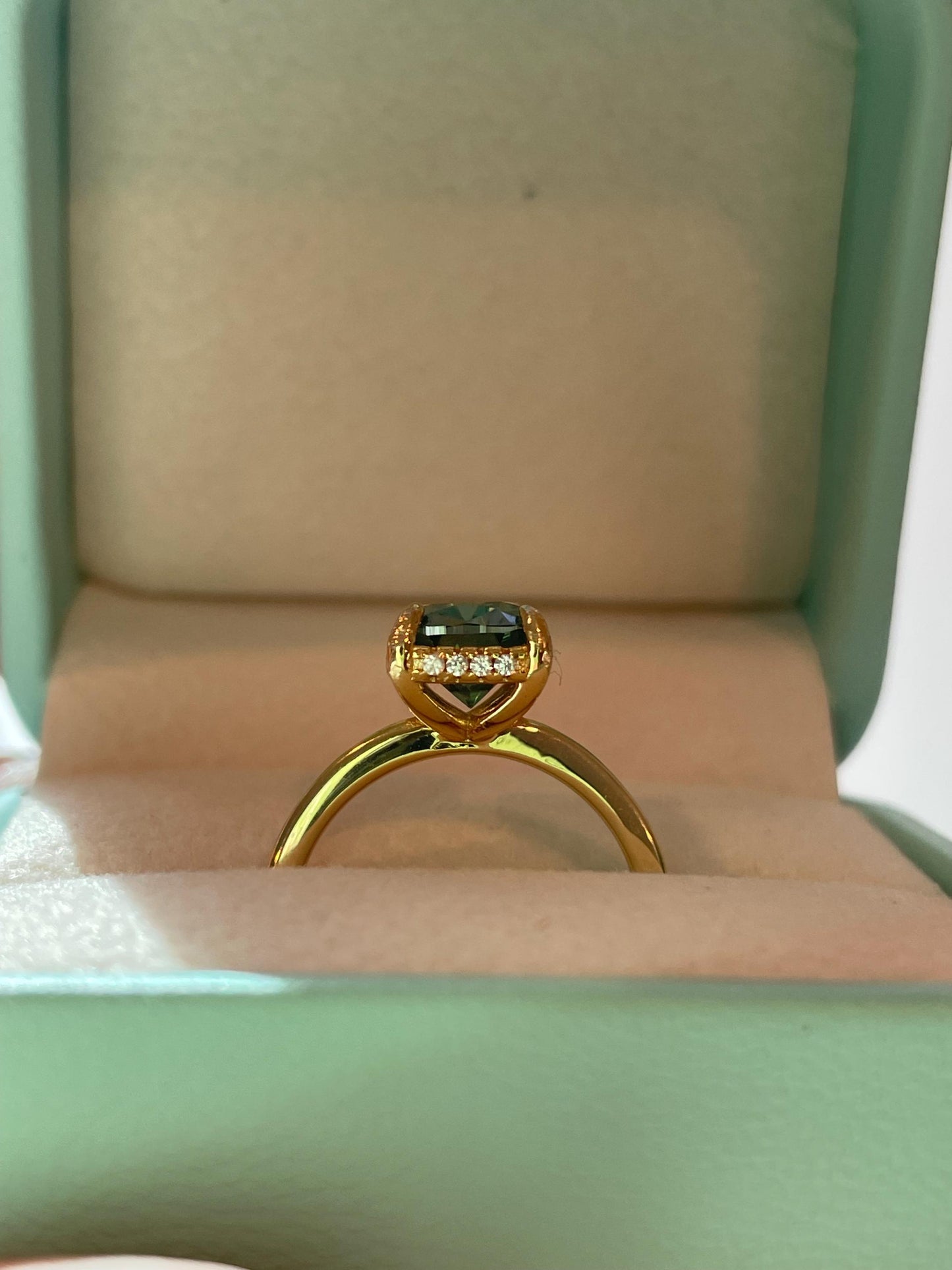 3 carat cushion cut green moissanite engagement ring. Sterling silver, gold vermeil green moissanite ring, May birthstone ring, gift for her