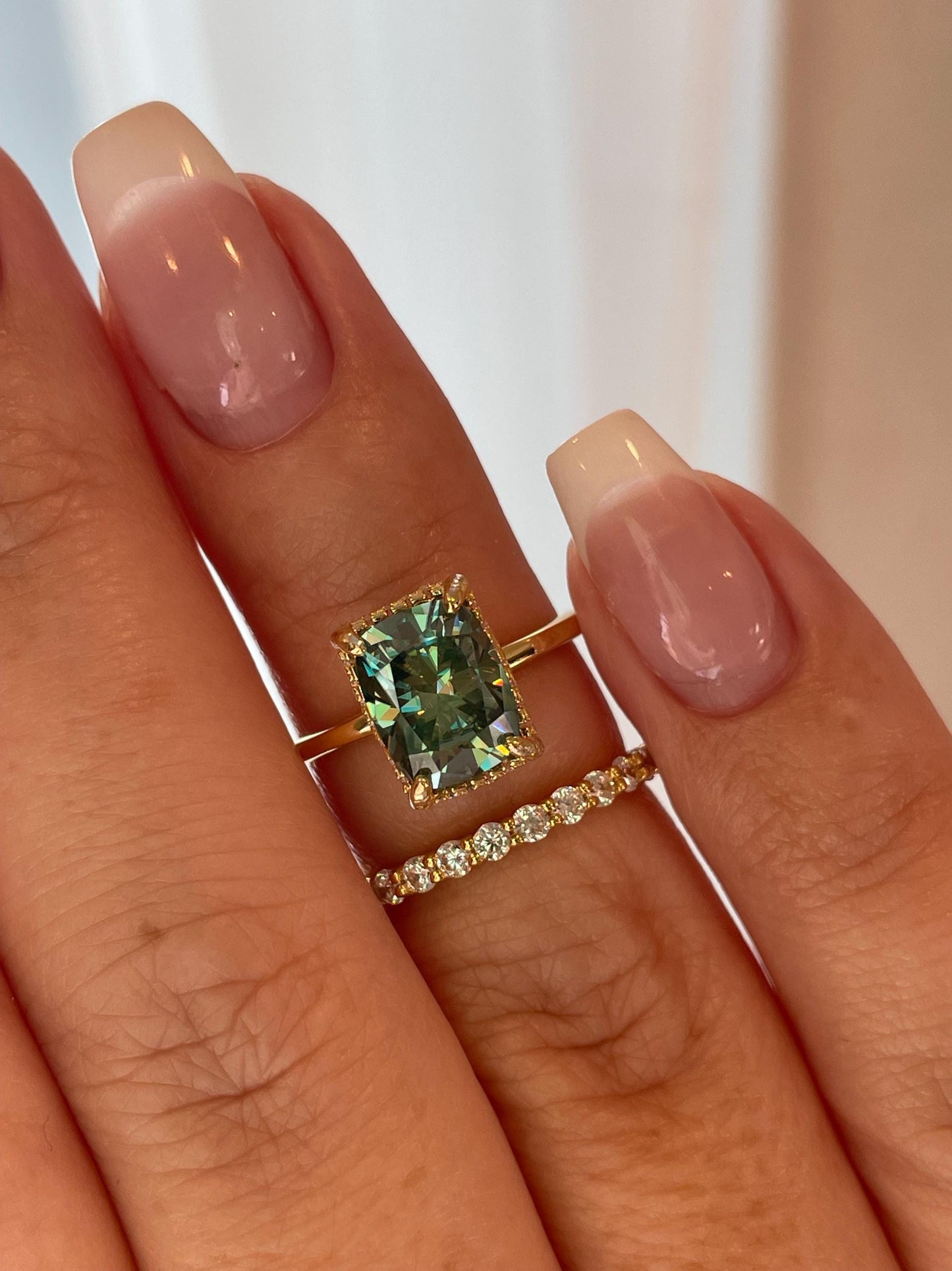 3 carat elongated cushion cut green moissanite engagement ring set, gold vermeil green moissanite ring, green stone ring, gift for her