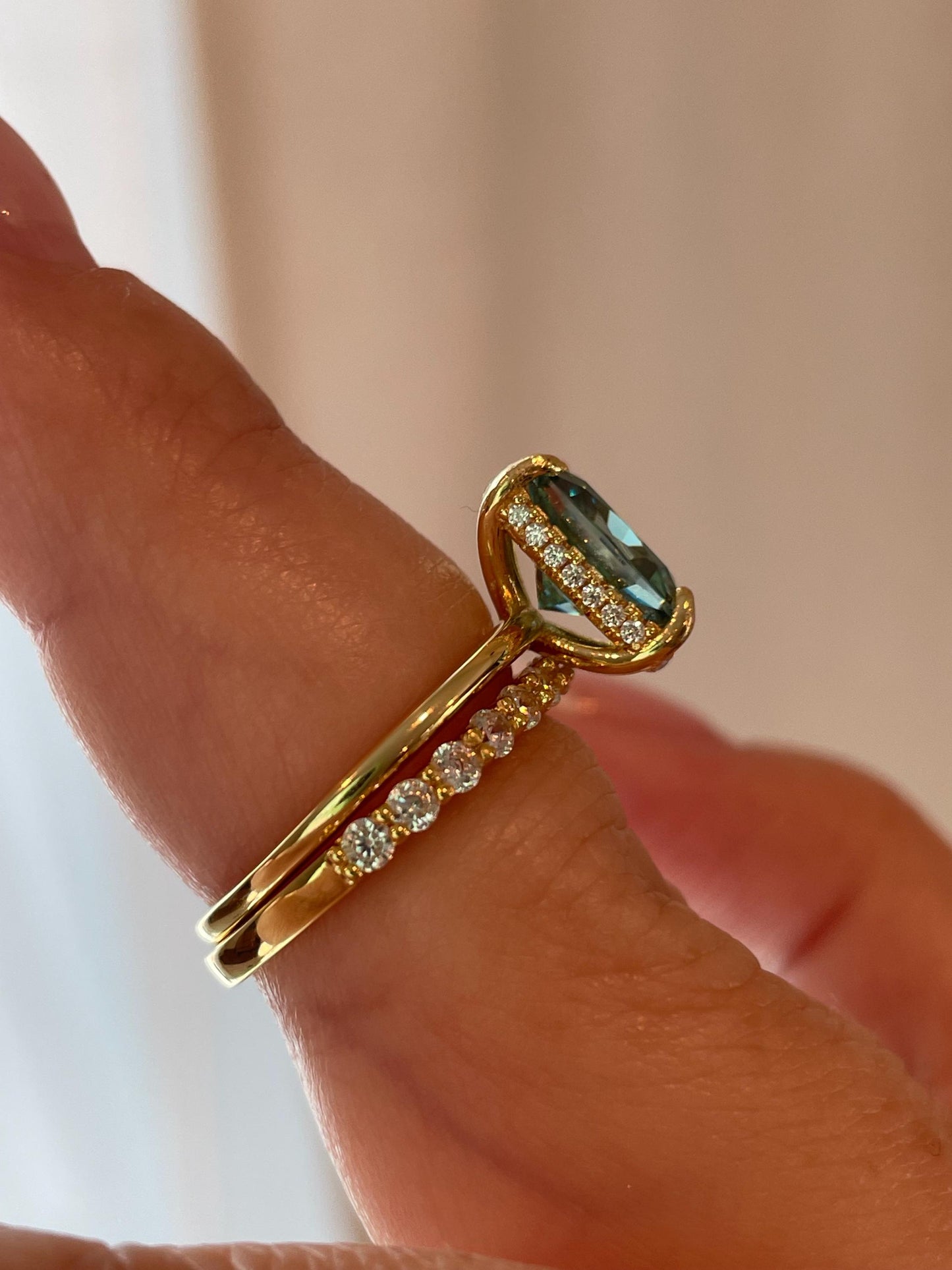 3 carat elongated cushion cut green moissanite engagement ring set, gold vermeil green moissanite ring, green stone ring, gift for her