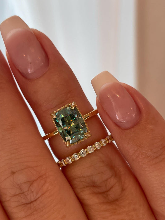 3 carat elongated cushion cut green moissanite engagement ring set, gold vermeil green moissanite ring, green stone ring, gift for her